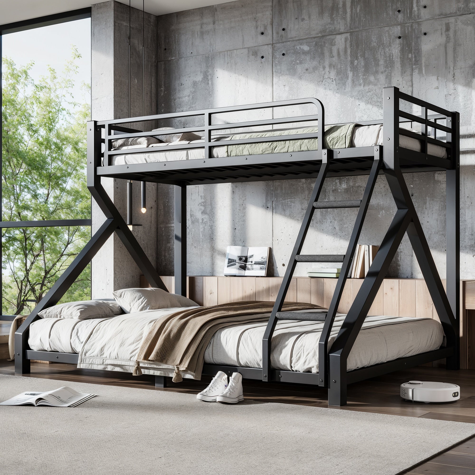 Twin Xl Over Queen Bunk Bed With Ladders Metal Bunk Bed With Full Upgraded Support Slats Low Profile Bunk Bed Black
