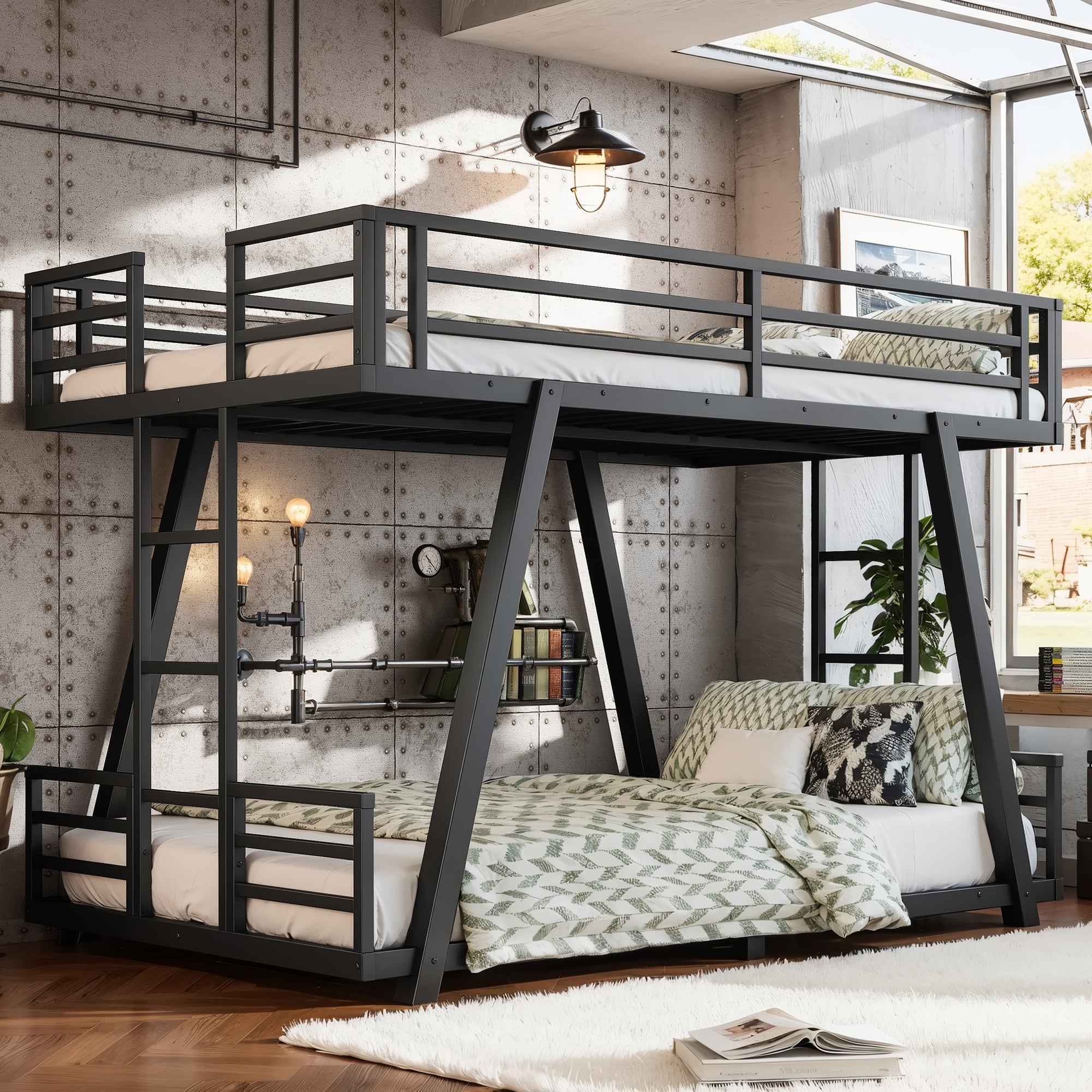 Twin Xl Over Twin Xl Bunk Bed With 2 Side Ladders Metal Bunk Bed With Spdcial Support Leg Design Low Profile Bunk Bed Black