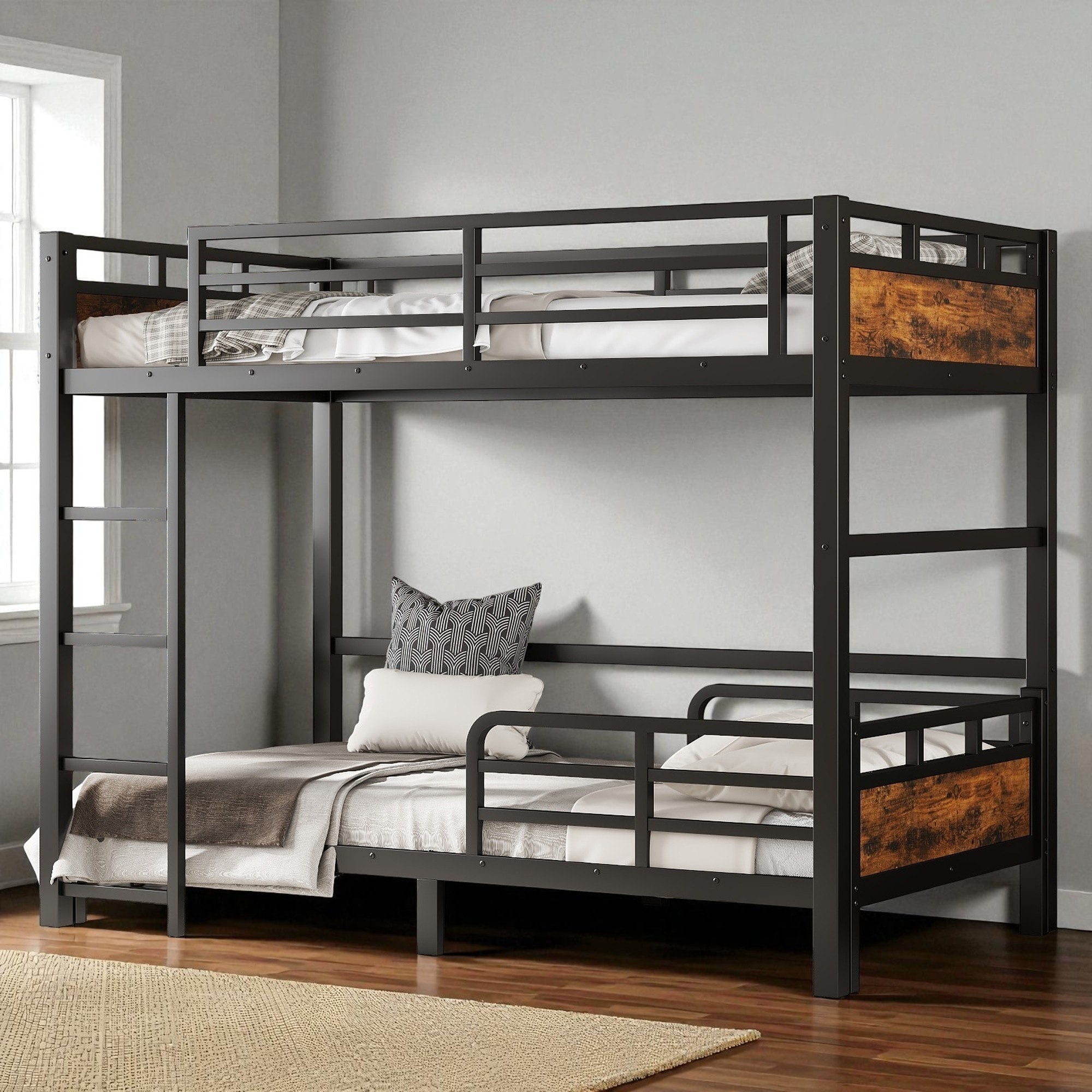 Twin Xl Over Twin Xl Metal Bunk Bed With Raised Guardrails Convertible Loft And Platform Beds Noise Free Design