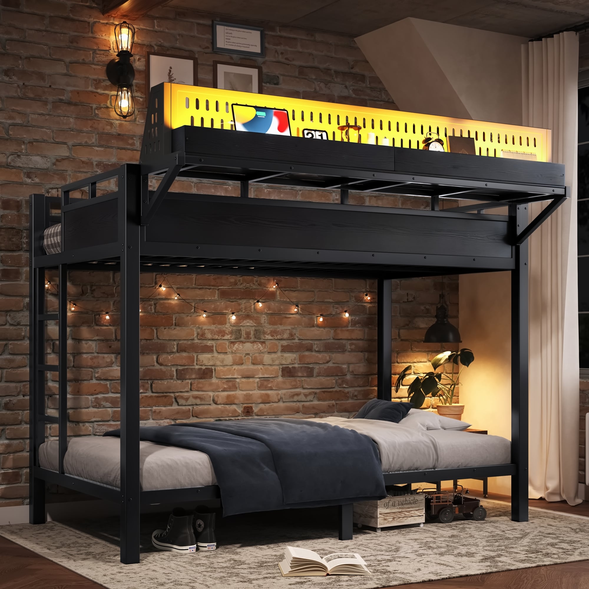Twin Xl Over Twin Xl Size Metal Bunk Bed With Storage Shelves And Pegboard Bunk Bed Frame With Usb Ports And Led Lights