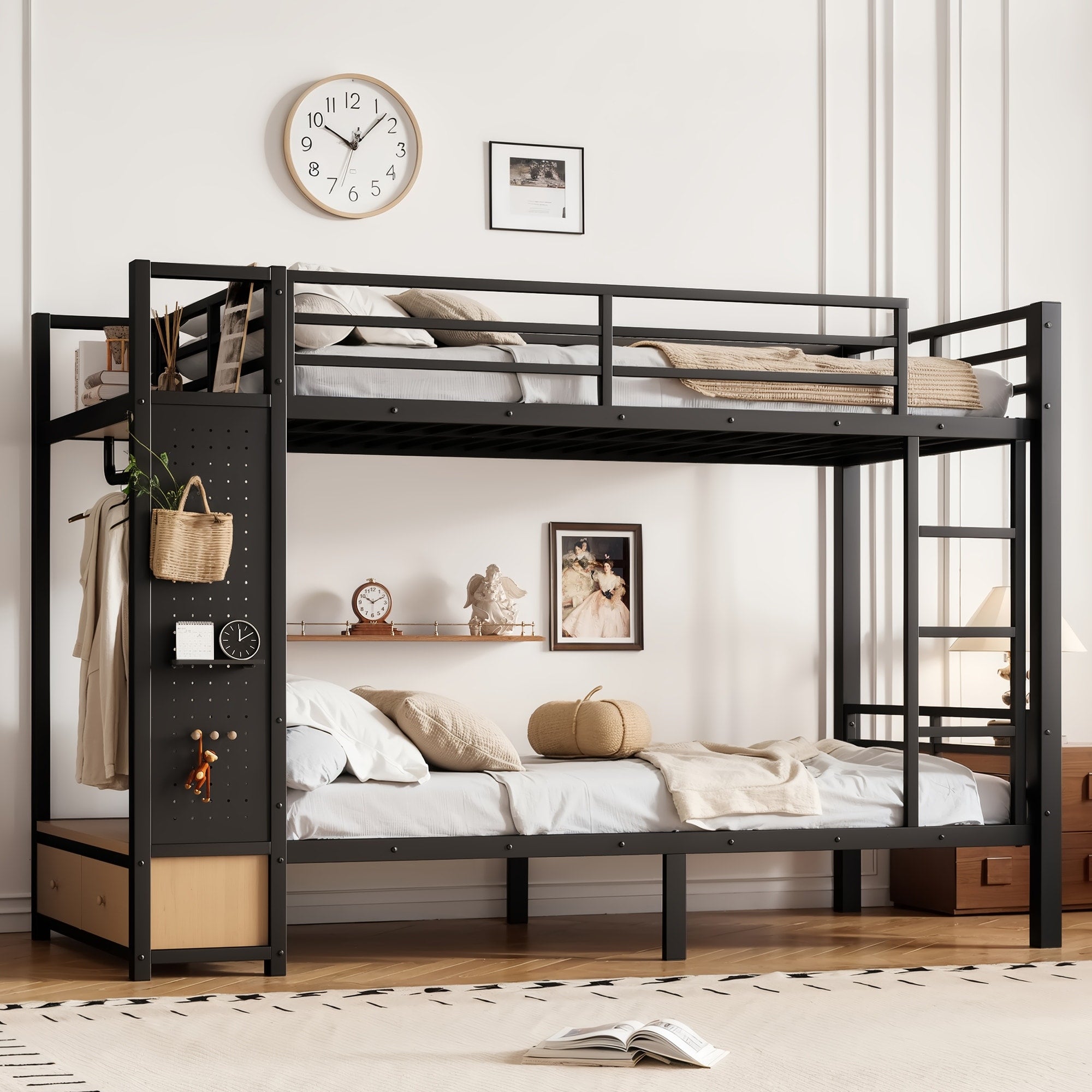 Twin Xl Over Twin Xl Size Metal Bunk Bed For Teens With Storage Shelves Drawers And Pegboard Black