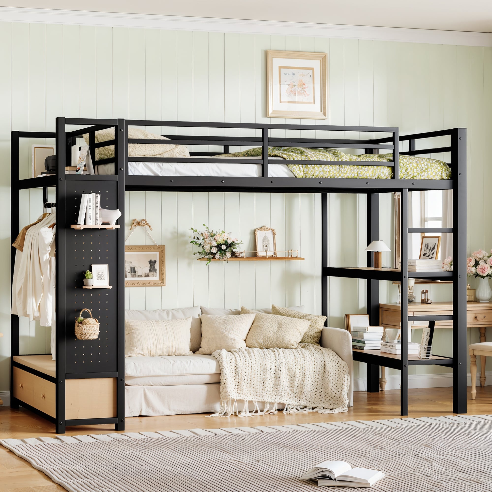 Twin Xl Size Loft Bed Frame With Wardrobe Metal Loft Bed With Storage Shelves And Pegboard Black