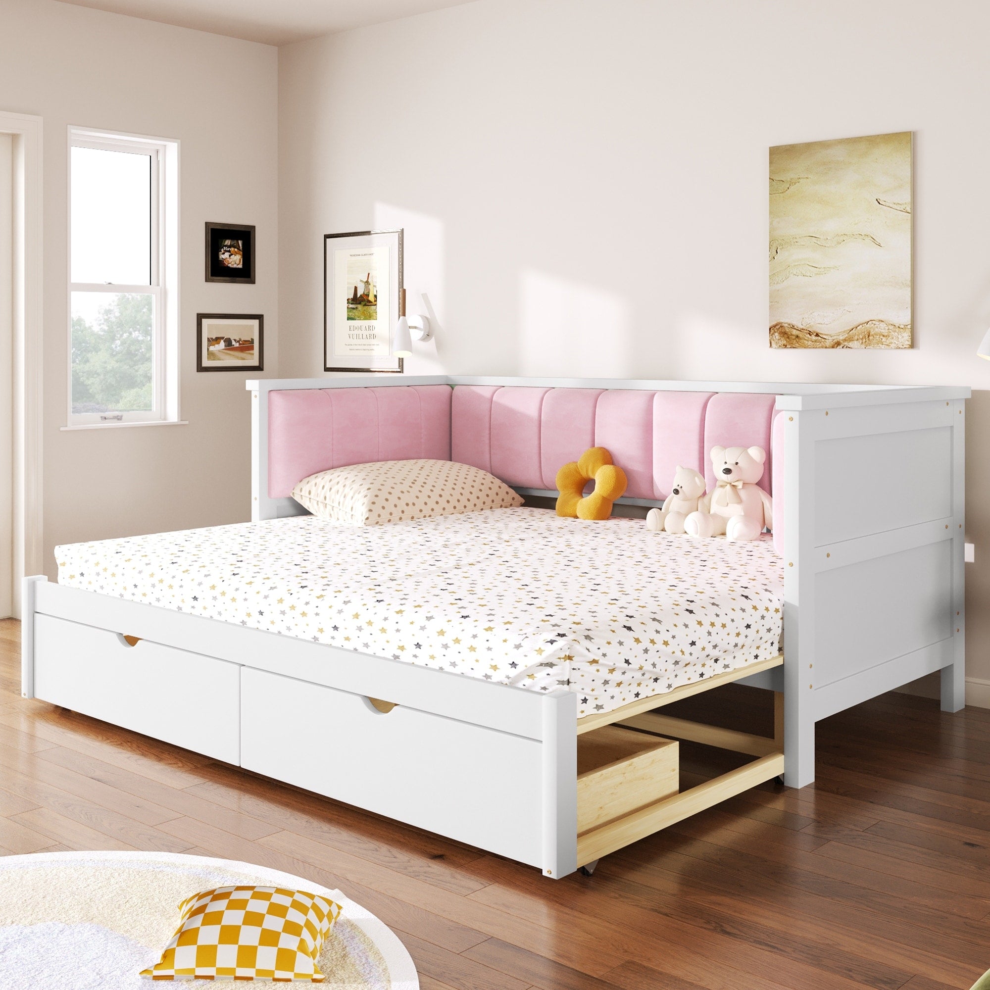 Twin Xl To King Size Daybed With Two Storage Drawers And Upholstered Backrest