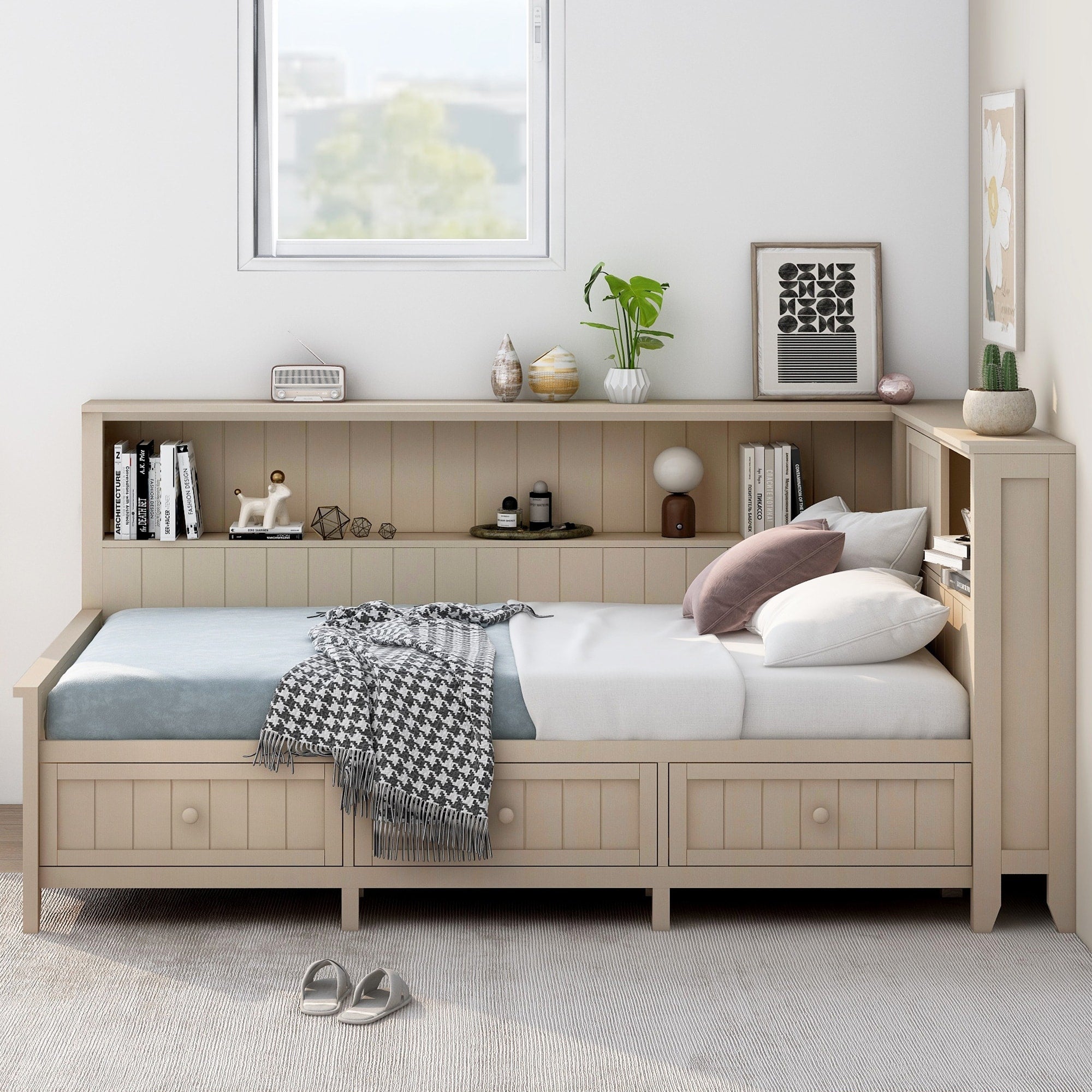 Twin Full Size Wood Daybed With Storage Shelves And 3 Drawers