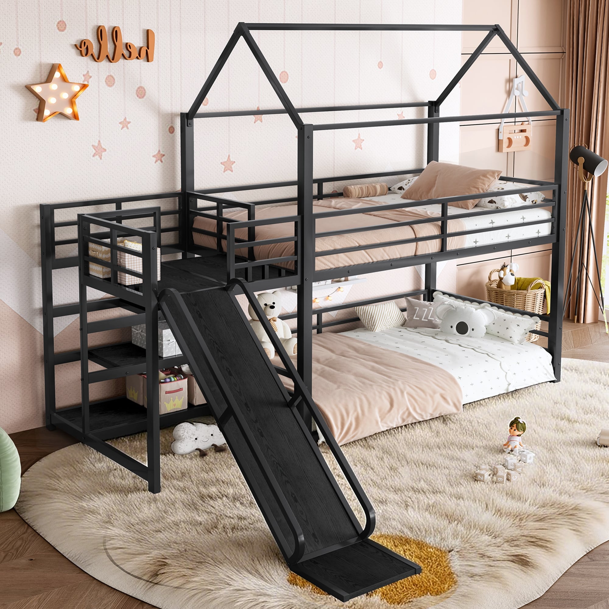 Twin Metal House Bunk Bed With Storage Stairs Slide Safety Rails Black