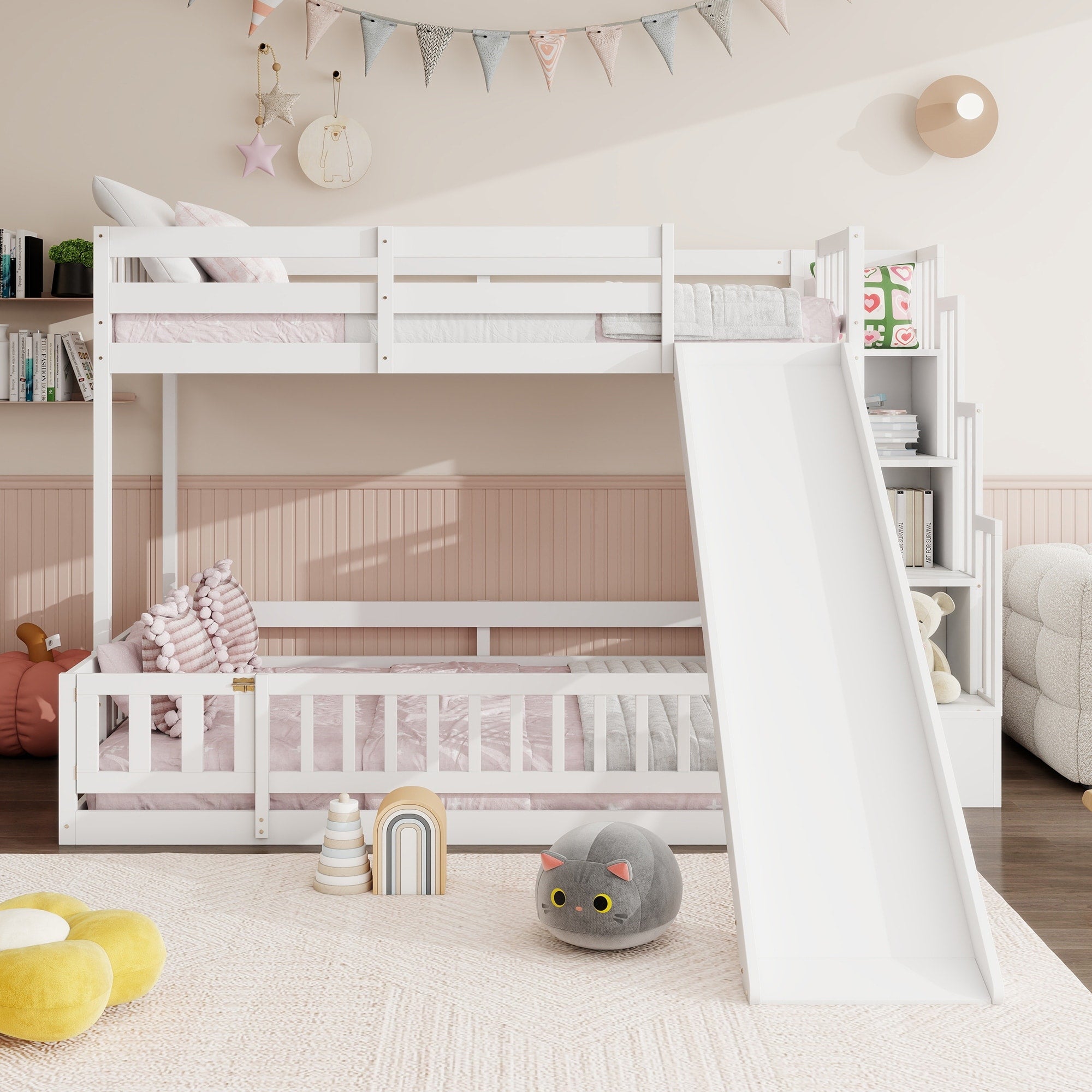 Twin Over Full Bunk Bed With Slide Storage Staircase Pine Wood Frame
