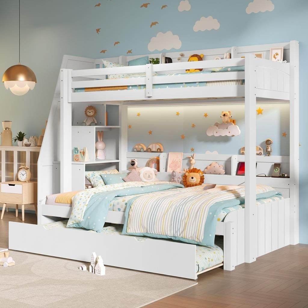 Twin Over Full Bunk Bed With Storage Stairs Trundle Led Shelf Usb Port By Harper Bright Designs