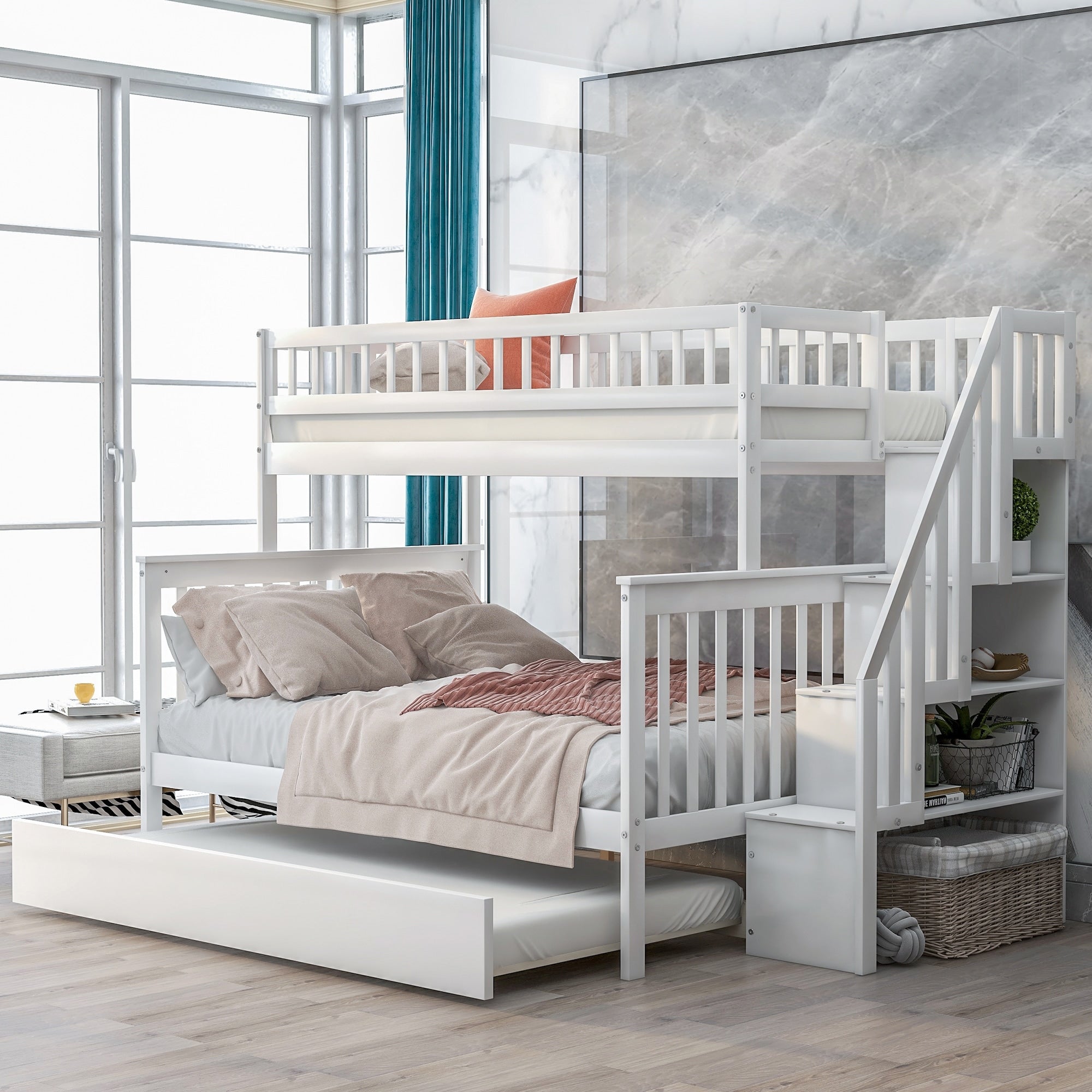 Twin Over Full Bunk Bed With Trundle Storage Staircase Guardrails