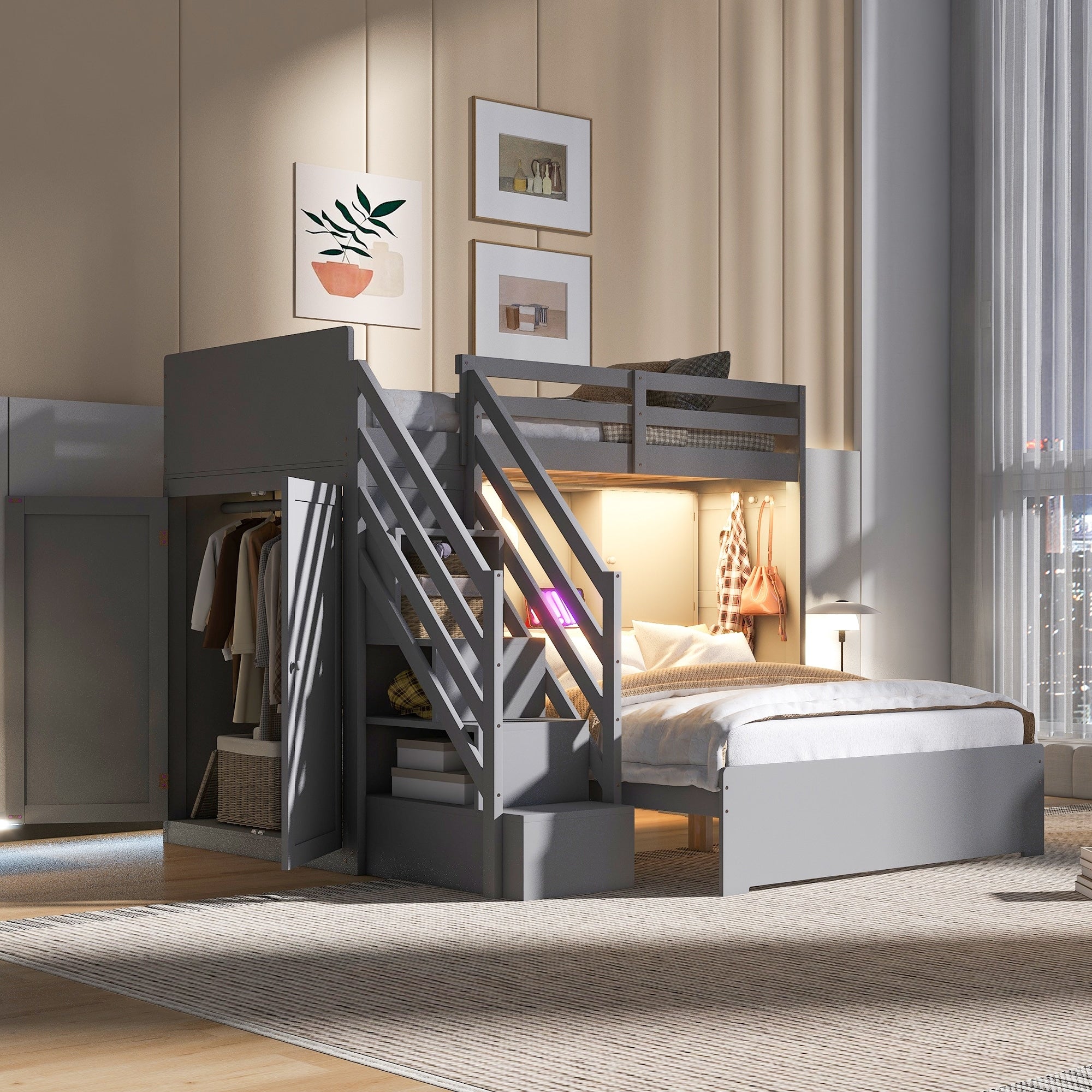 Twin Over Full Bunk Bed With Wardrobe Cabinet Open Bookshelves Built In Charging Station And Light By Harper Bright Designs