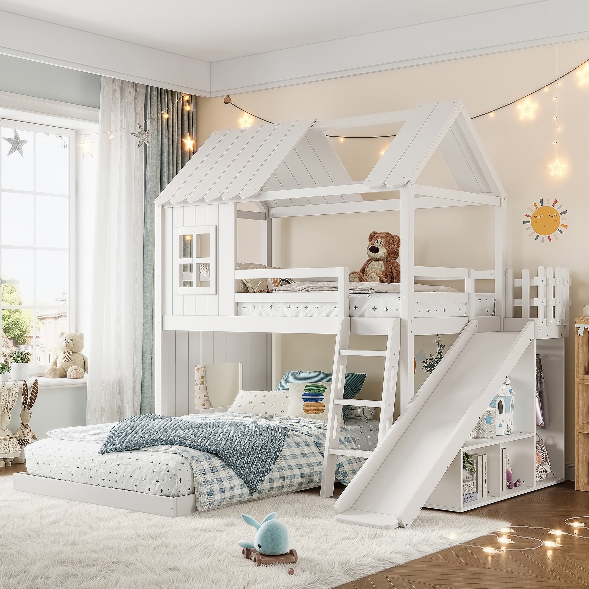 Twin Over Full House Bunk Bed With Ladders And Slides House Floor Bunk Bed With Storage Shelves And Wardrobe