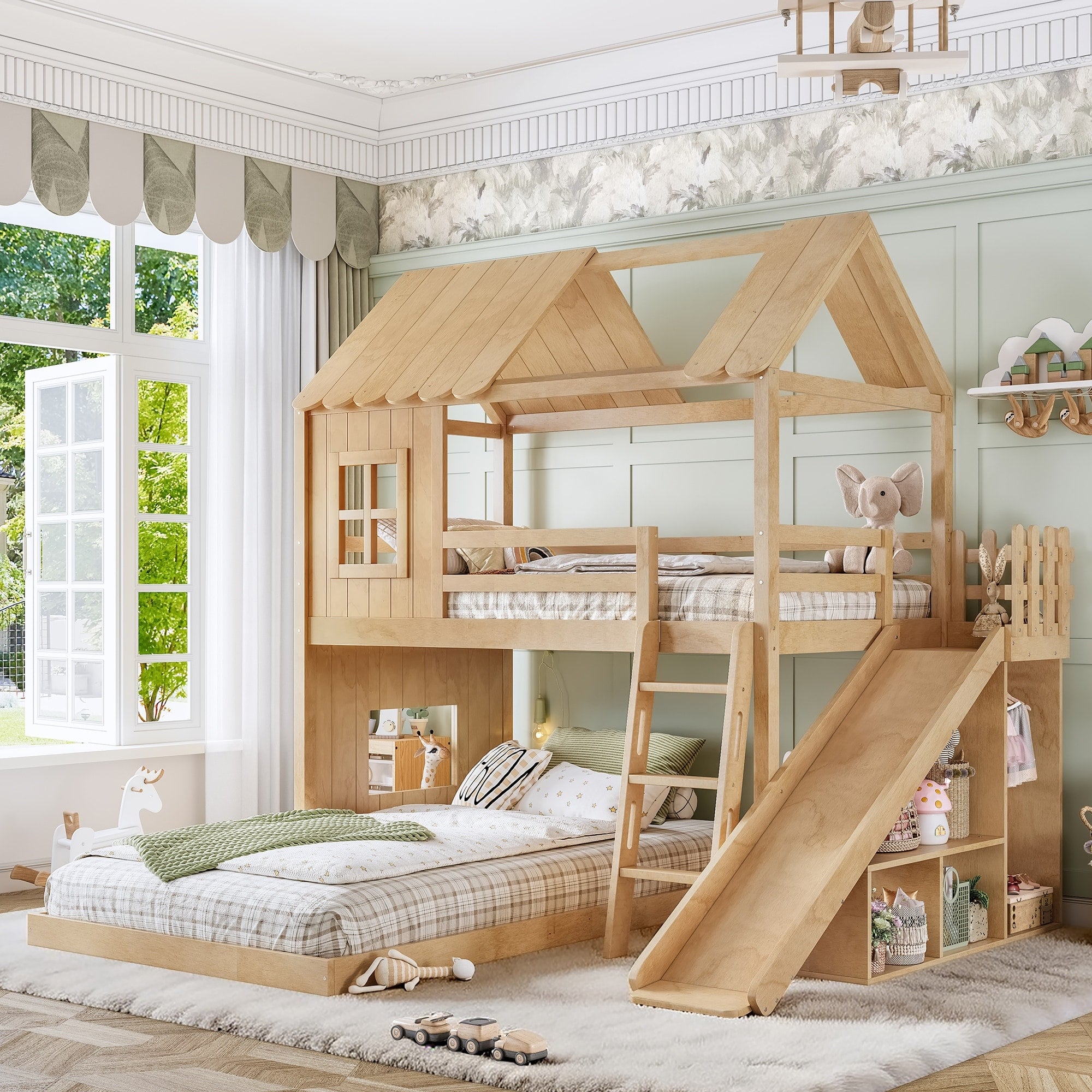 Twin Over Full House Bunk Bed With Slide Ladder Storage And Wardrobe