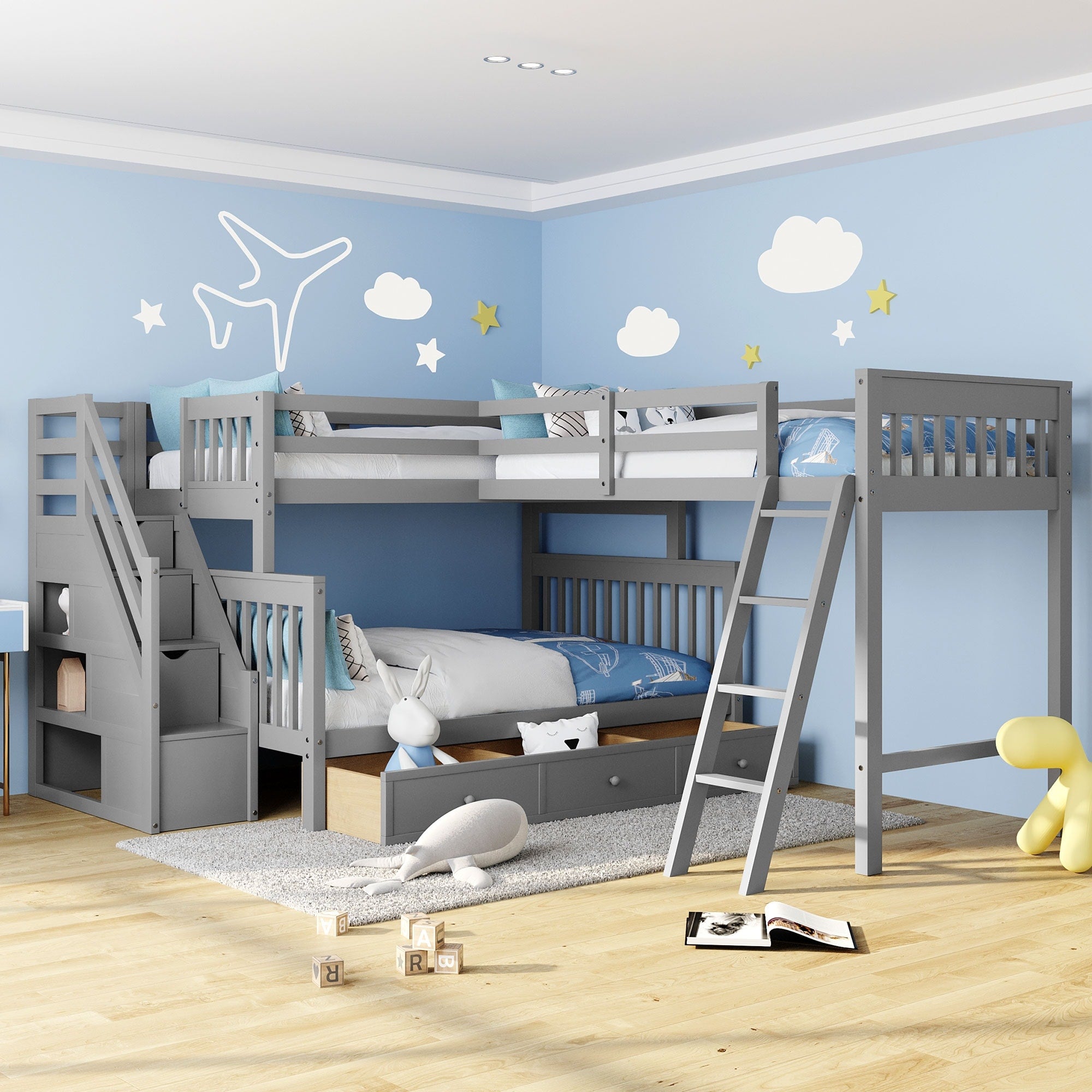 Twin Over Full L Shaped Bunk Bed With 3 Drawers And Staircase