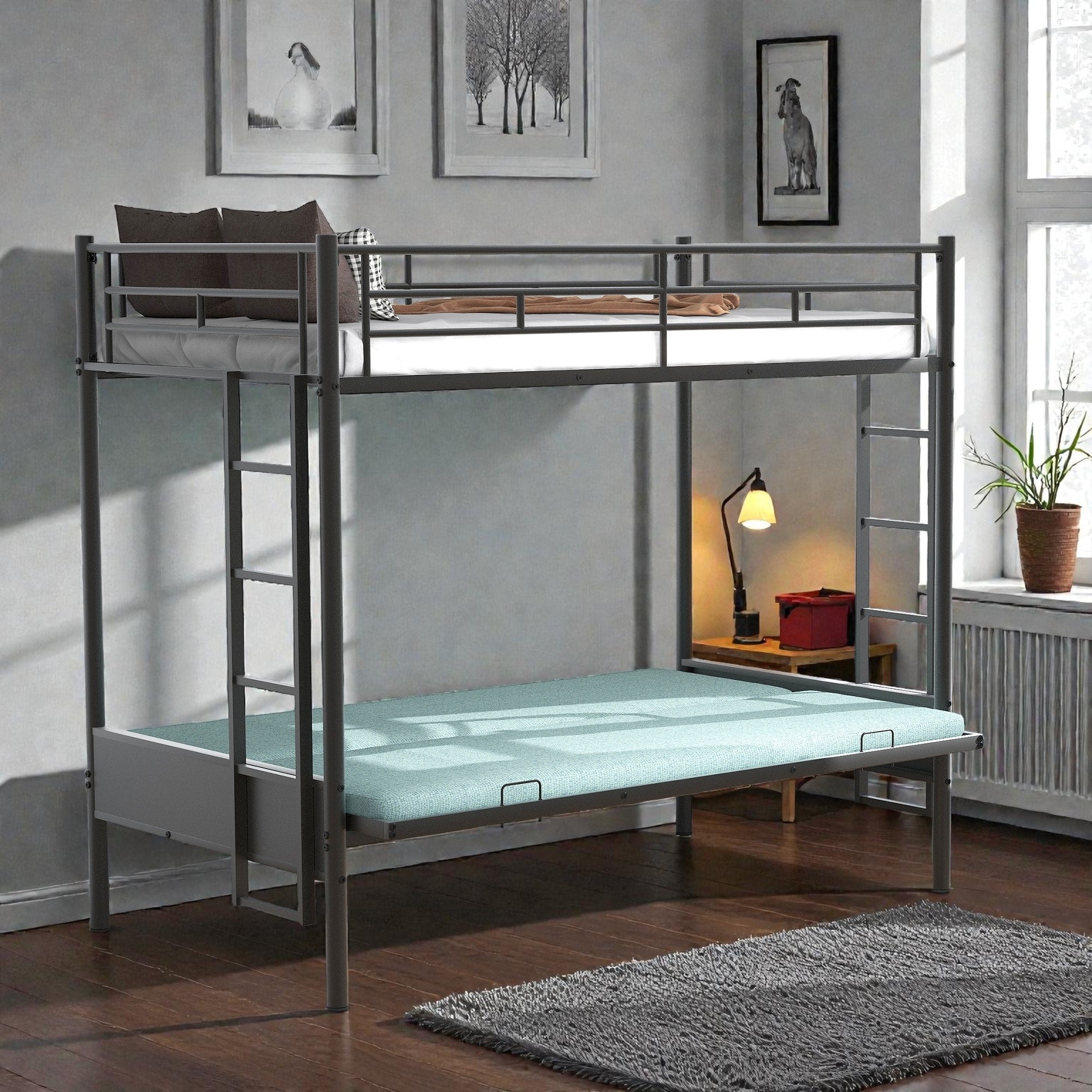 Twin Over Full Metal Bunk Bed With Futon Sofa Multi Function Convertible Design Heavy Duty Steel Frame