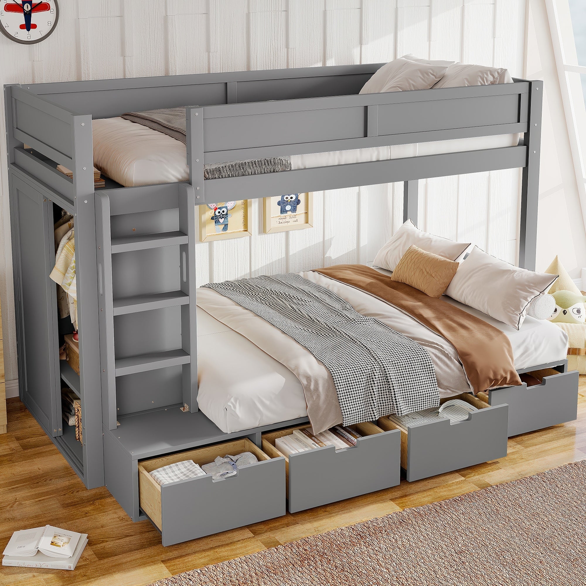 Twin Over Twin Bunk Bed With 4 Drawers Wardrobe Solid Wood Full Length Guardrails No Box Spring
