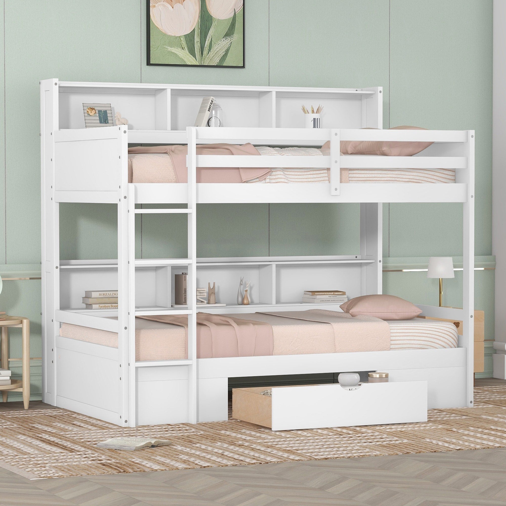 Twin Over Twin Bunk Bed With Built In Shelves Underbed Storage Drawer