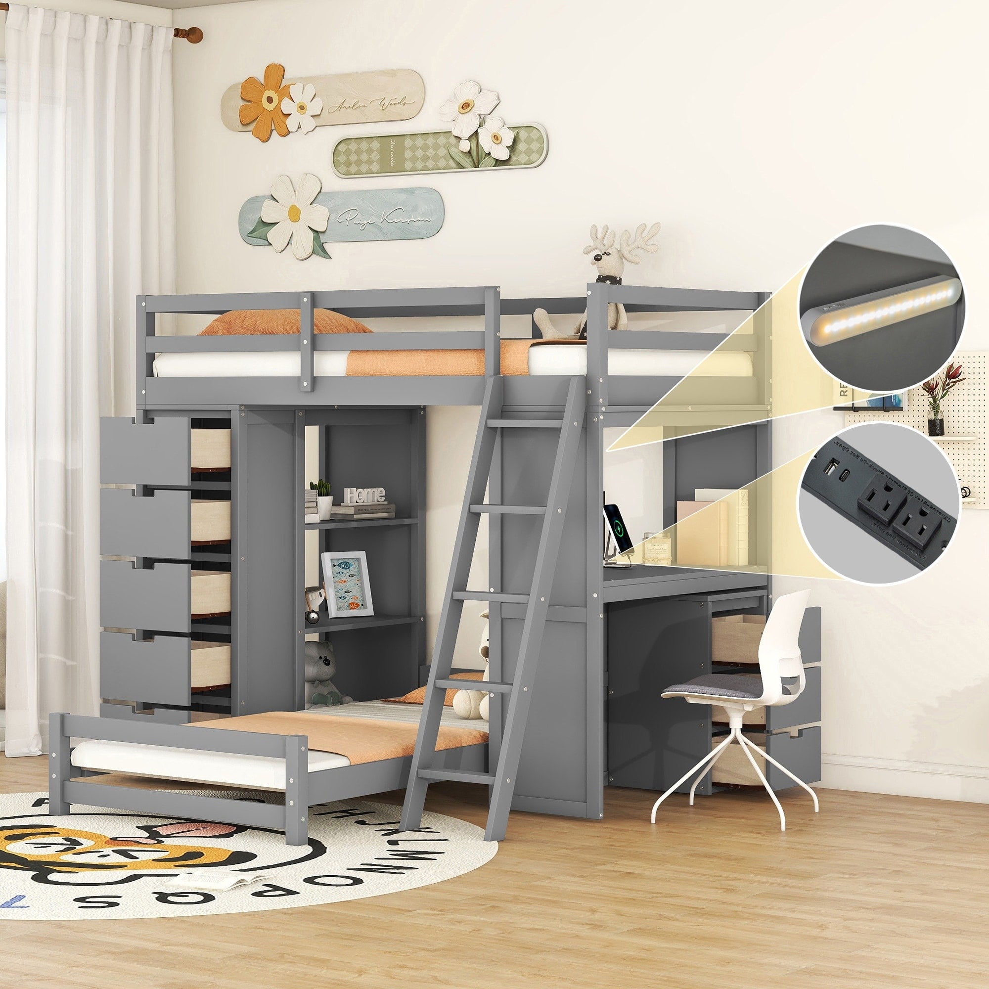 Twin Over Twin Bunk Bed With Led Light And Usb Ports