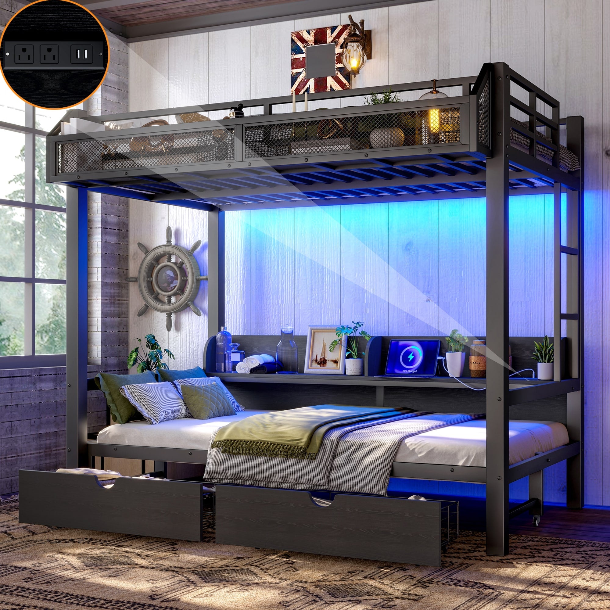 Twin Over Twin Bunk Bed With Storage Shelves And Drawers Multifunctional Metal Bunk Beds With Usb Ports And Led Lights