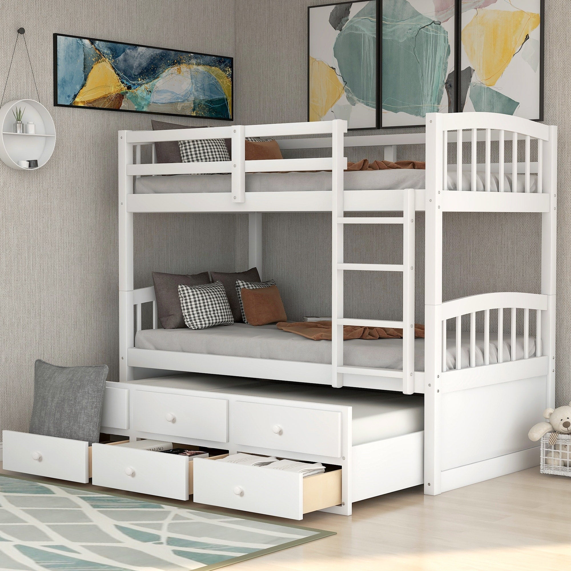 Twin Over Twin Bunk Bed With Trundle 3 Drawers Safety Rails For Teens