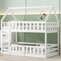 Twin Over Twin House Bunk Bed With Fence Guardrail And Playful Door For Kids