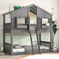 Twin Over Twin House Bunk Bed With Roof With Safety Guardrails And Ladder Grey