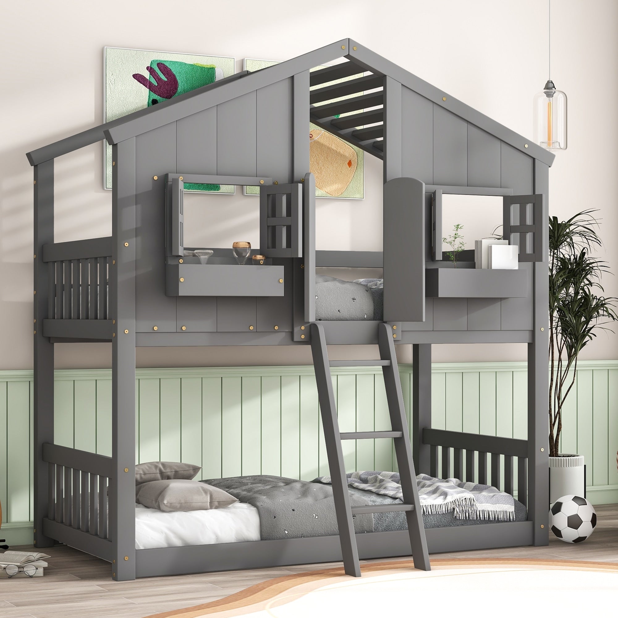 Twin Over Twin House Bunk Bed With Roof With Safety Guardrails And Ladder Grey
