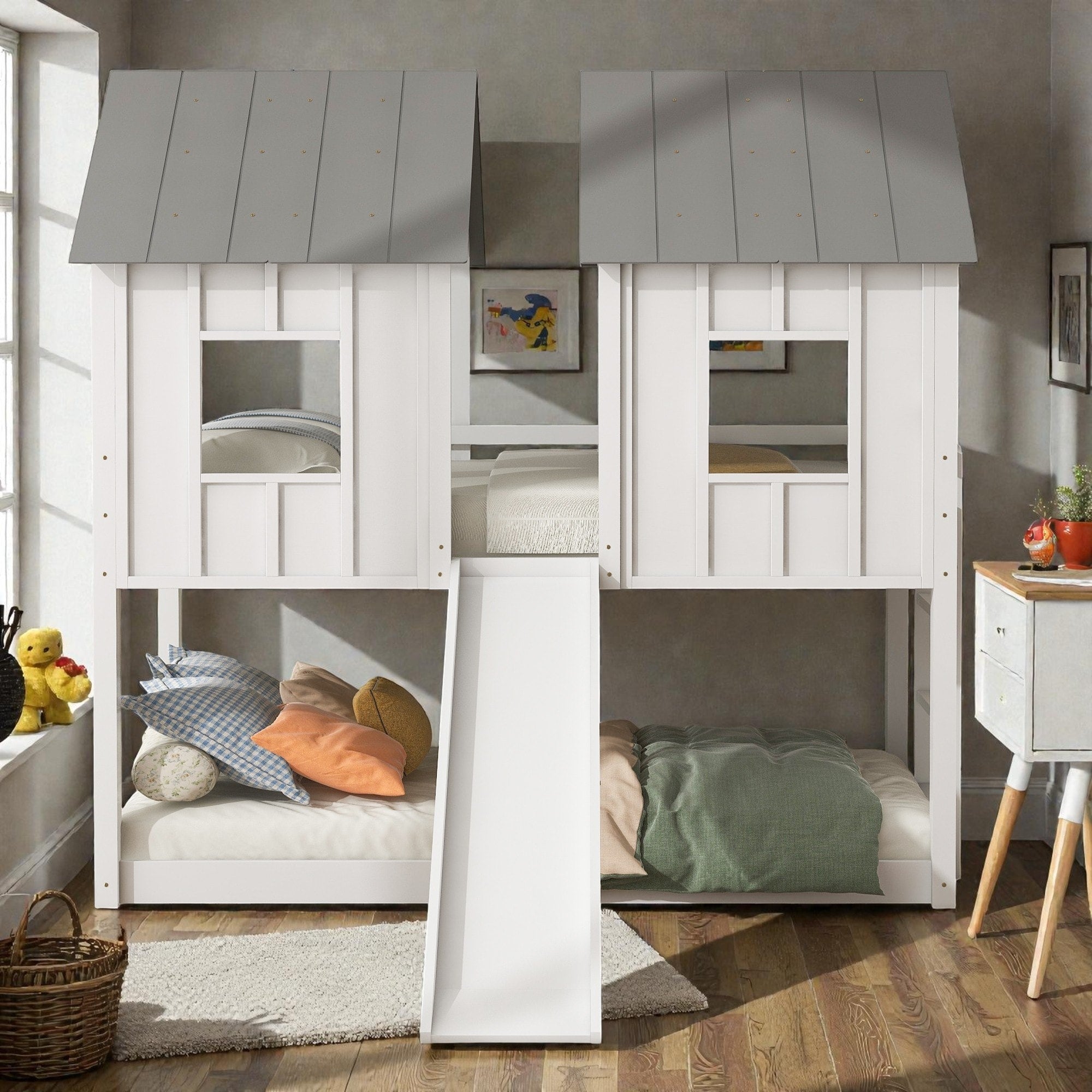 Twin Over Twin House Bunk Bed With Slide Windows And Ladder Solid Wood Frame Fun Playhouse Design