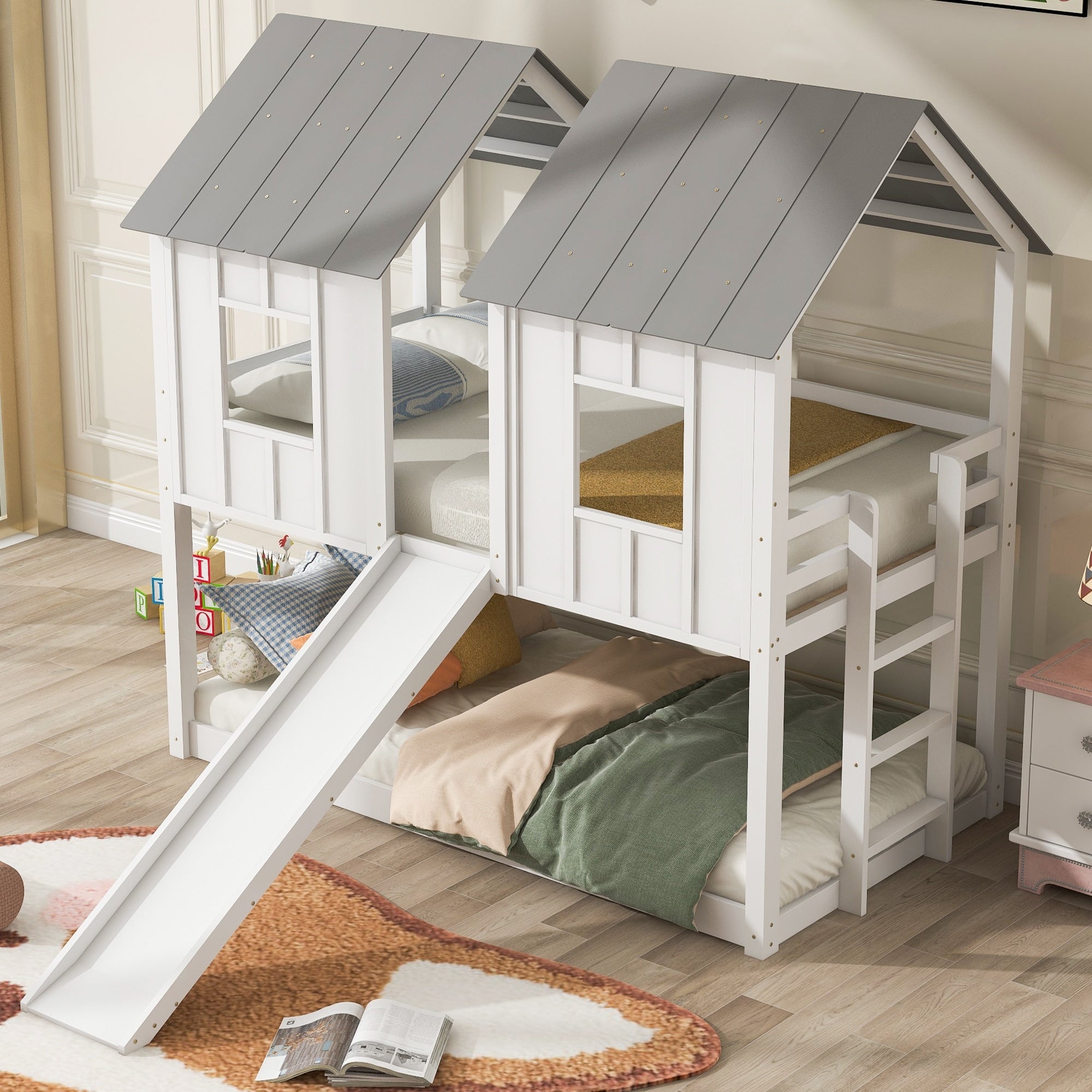 Twin Over Twin House Bunk Bed With Slide Windows And Full Guardrails