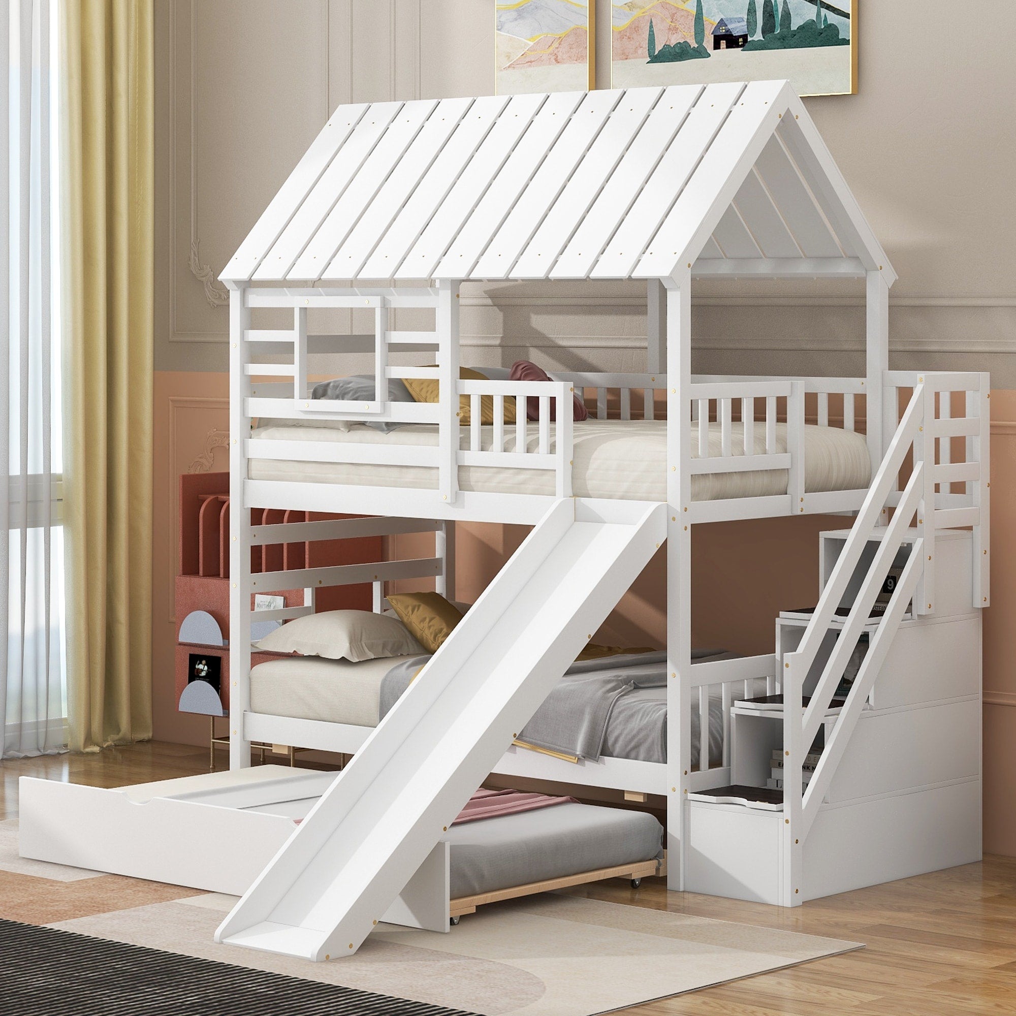 Twin Over Twin House Bunk Bed With Trundle Slide And Storage Stairs