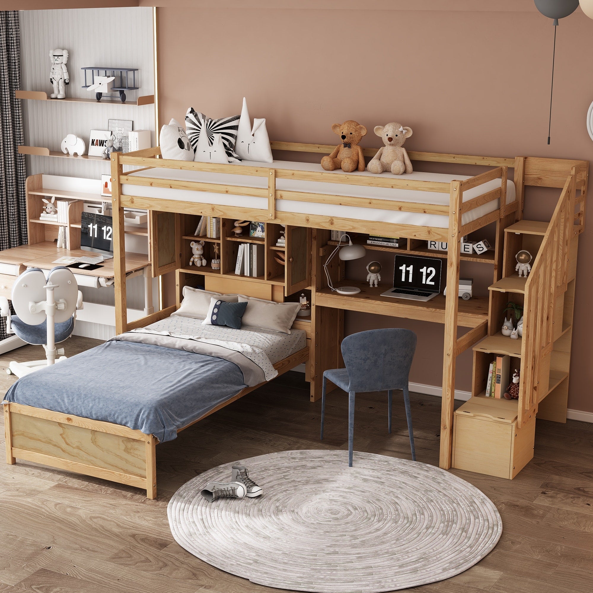 Twin Over Twin Loft Bed With Built In Desk And Staircase With Storage Compartments And Shelves
