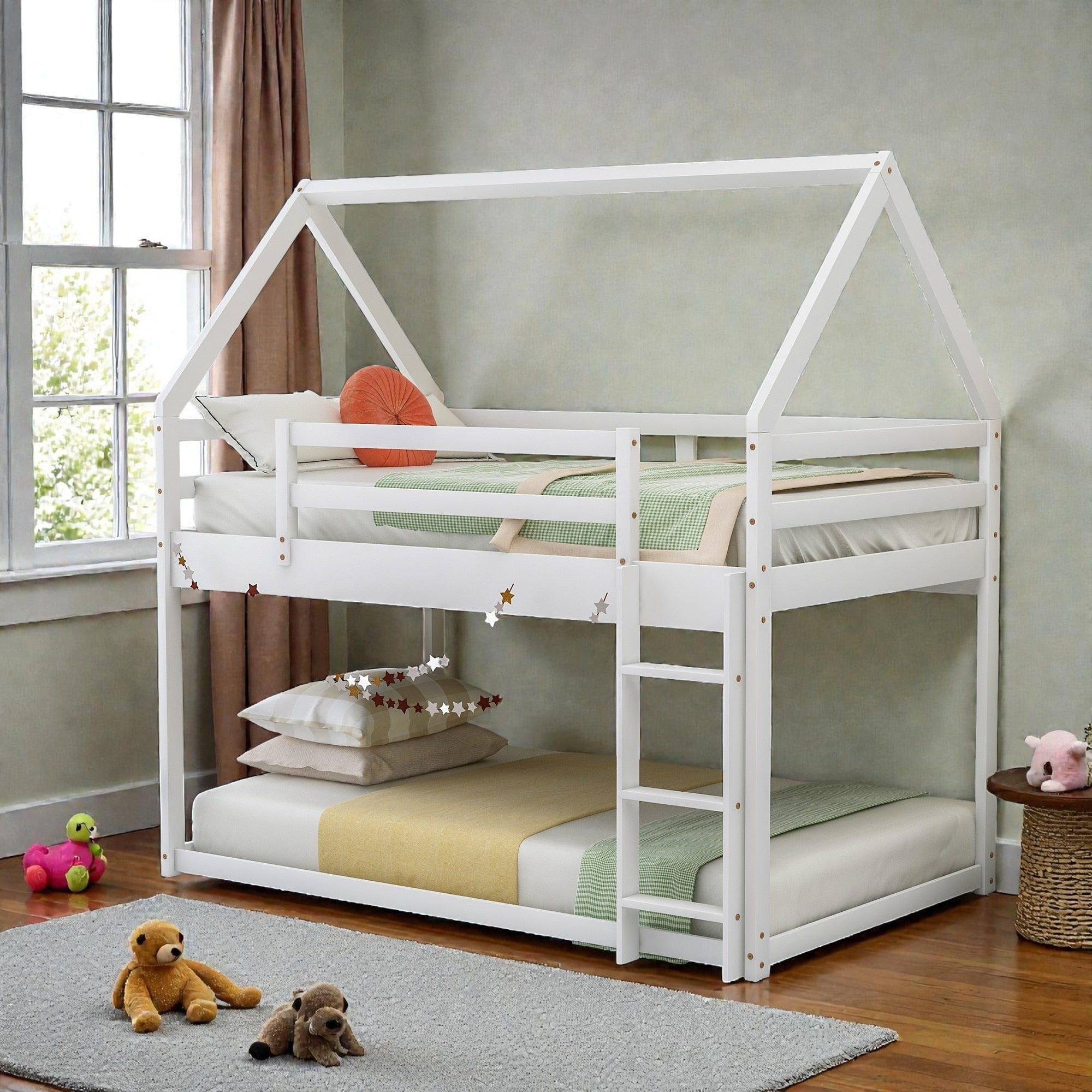 Twin Over Twin Low Bunk Bed House Frame With Ladder Kids Wooden Bunk Bed Pine Wood And Mdf No Box Spring