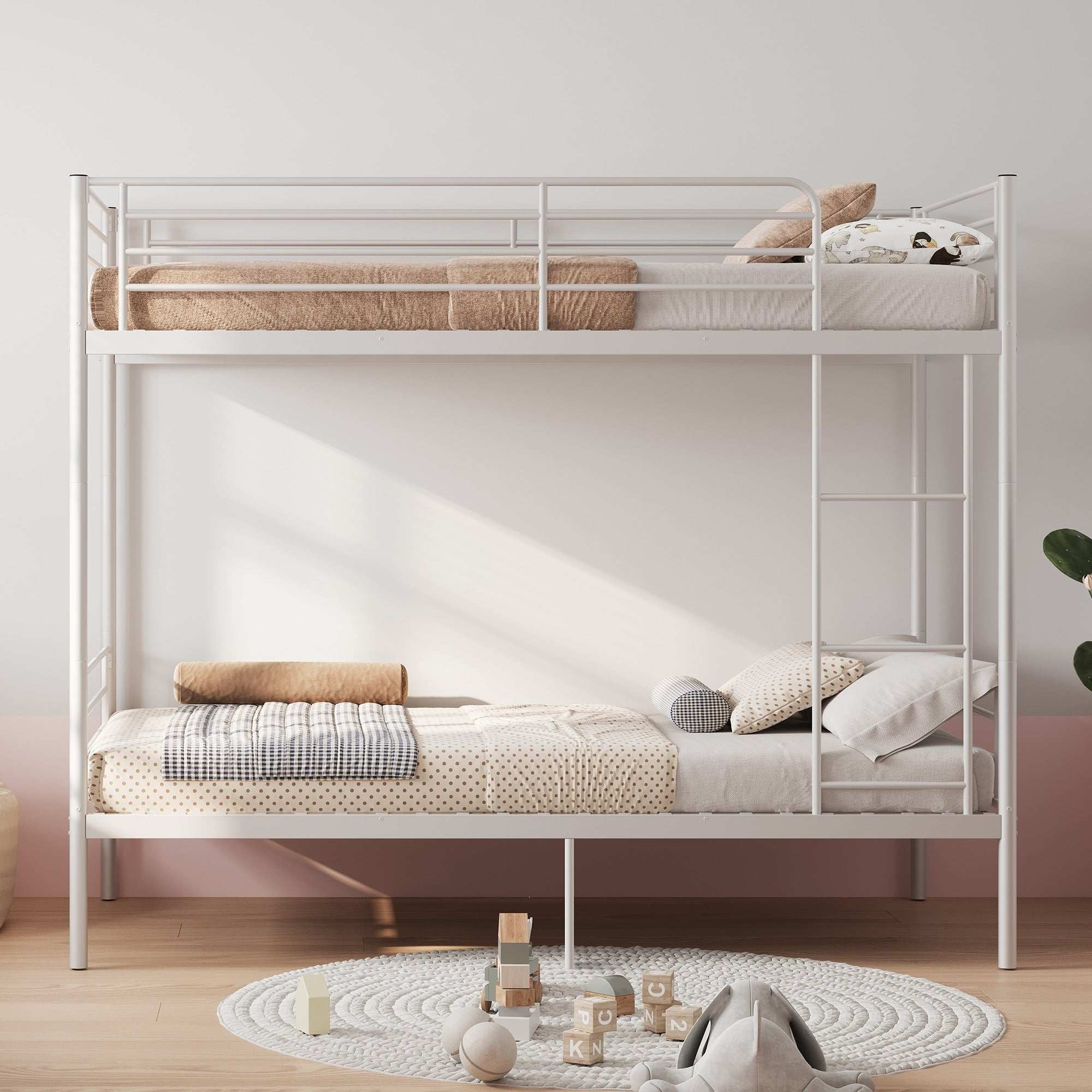 Twin Over Twin Metal Bunkbed With Ladder High Guardrail And Storage