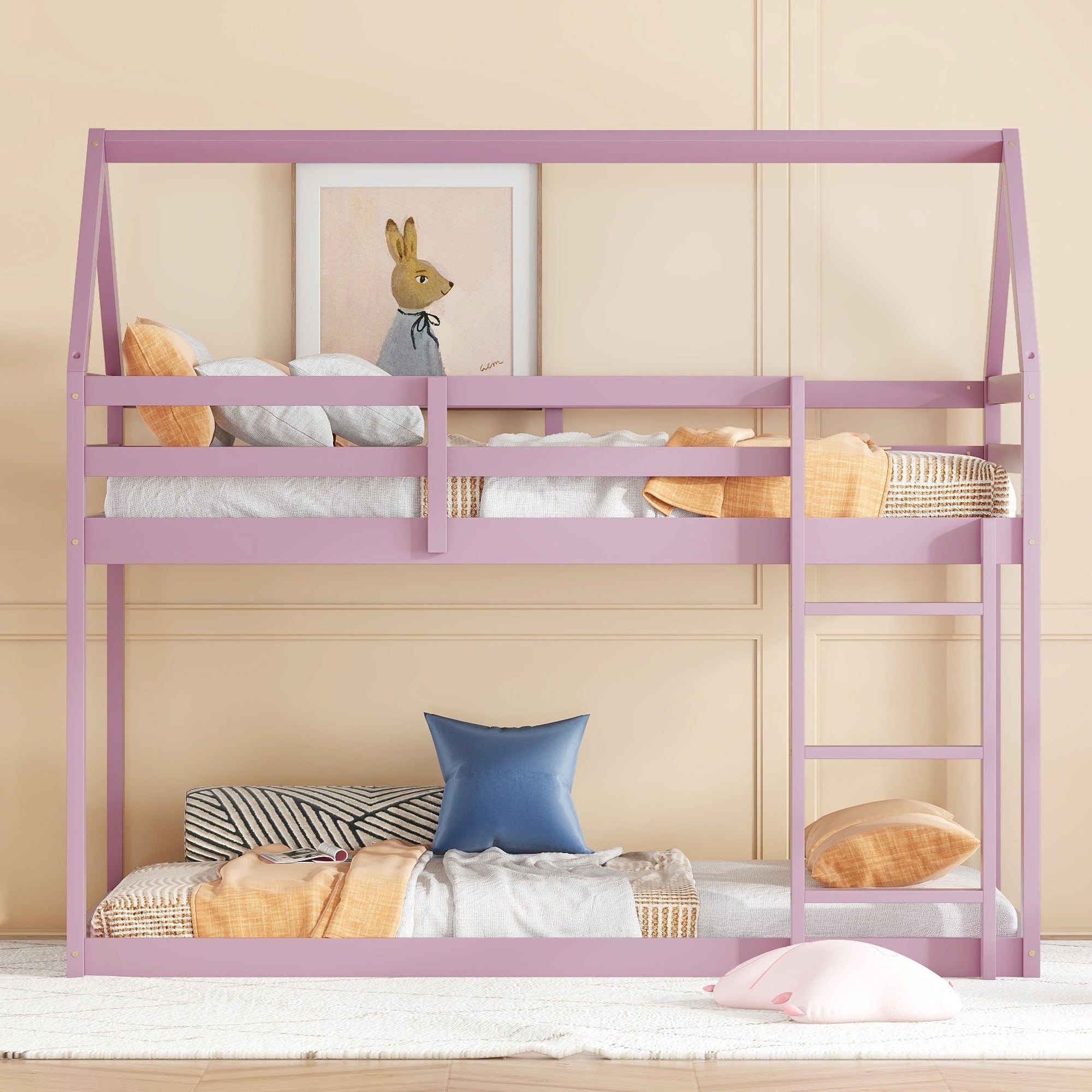 Twin Over Twin Rubber Wood Floor Bunk Bed With Ladder Guardrails House Shaped Bunk Bed