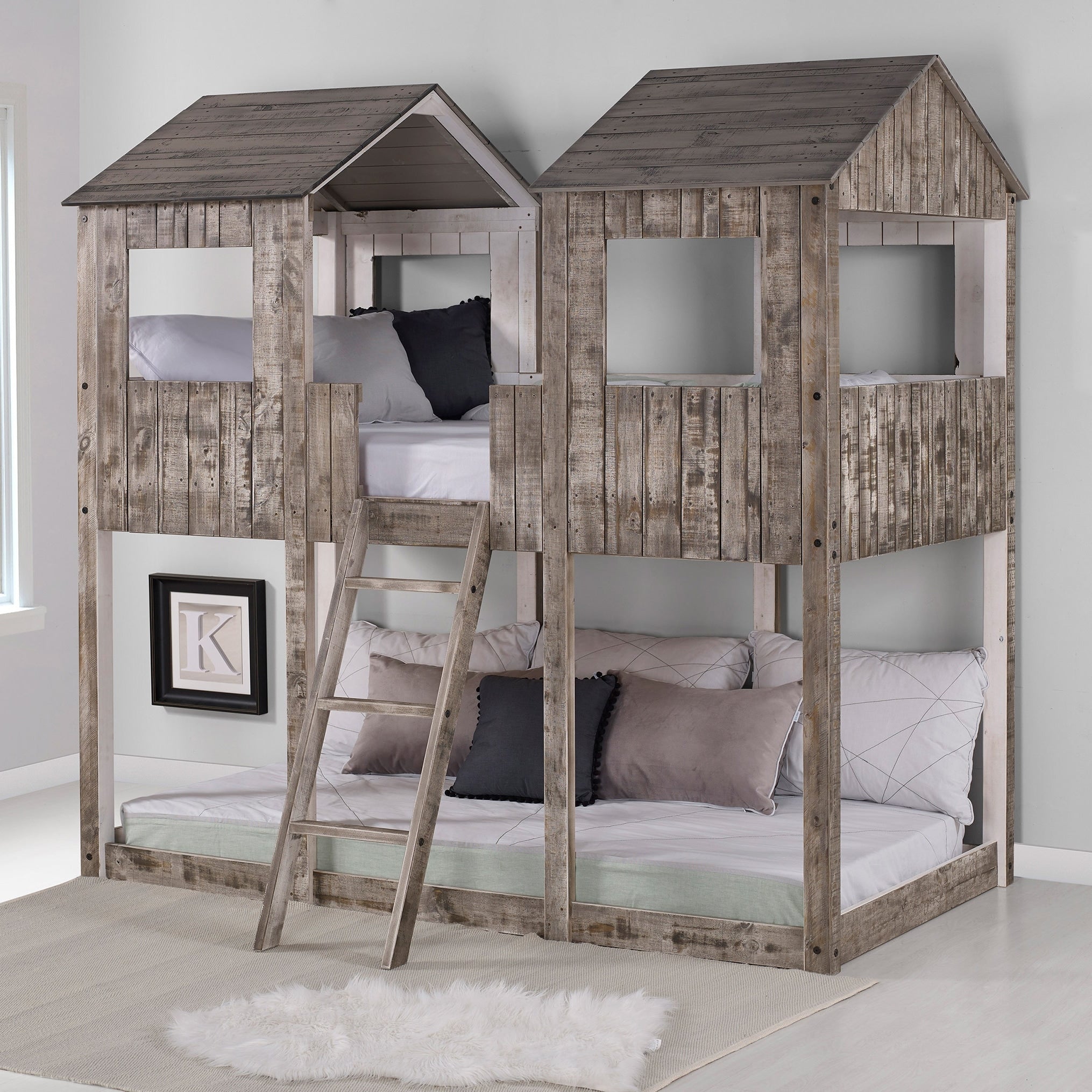 Twin Over Twin Tower Bunk Bed In Rustic White