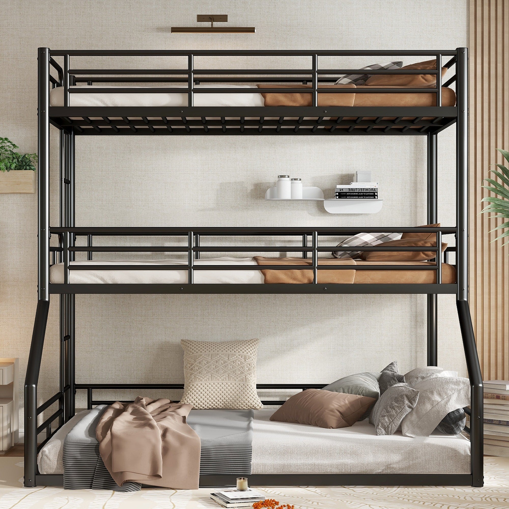 Twin Over Twin Over Full Triple Bunk Bed Metal Frame With Safety Guardrails Noise Reduced Design