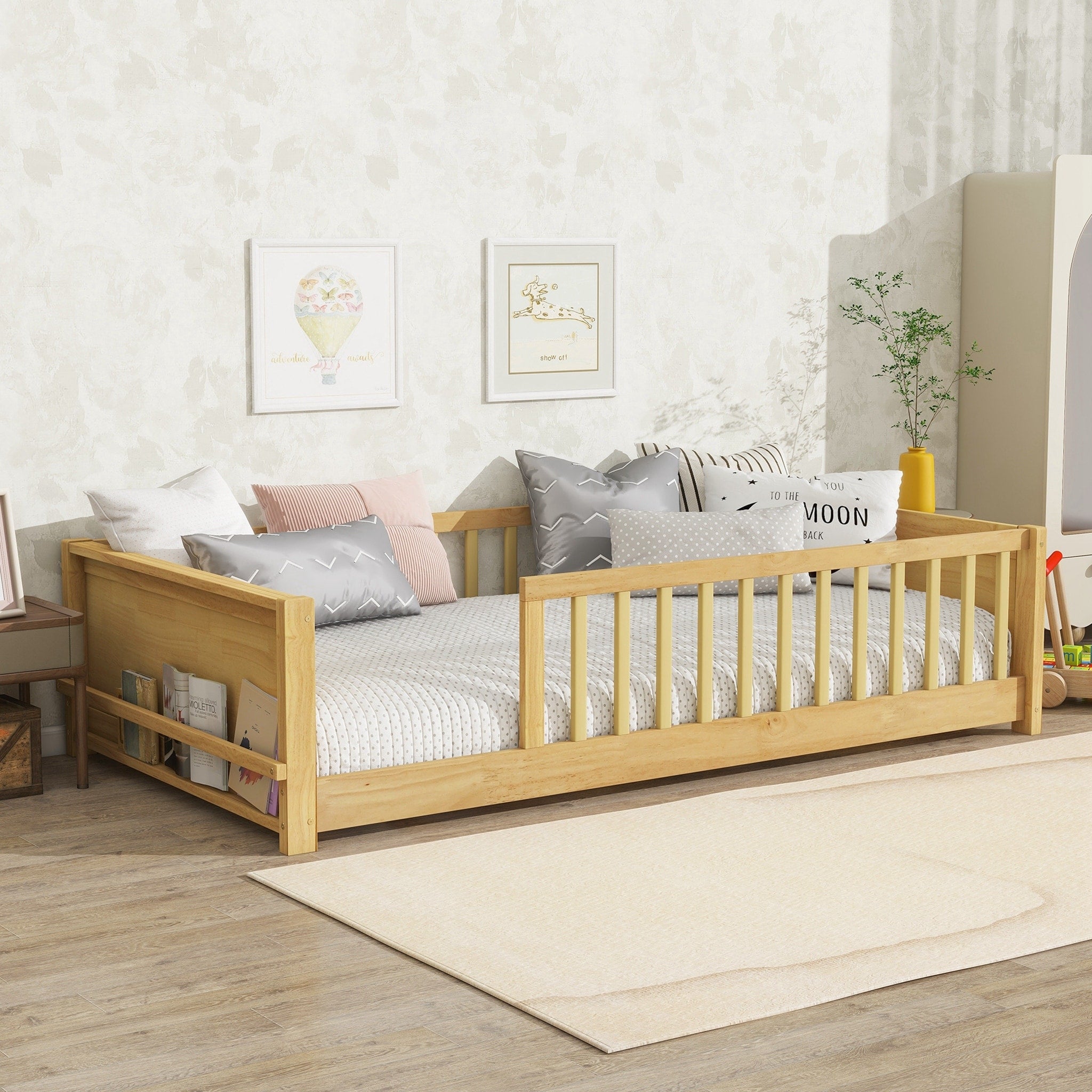 Twin Size Floor Platform Bed With Built In Book Rack