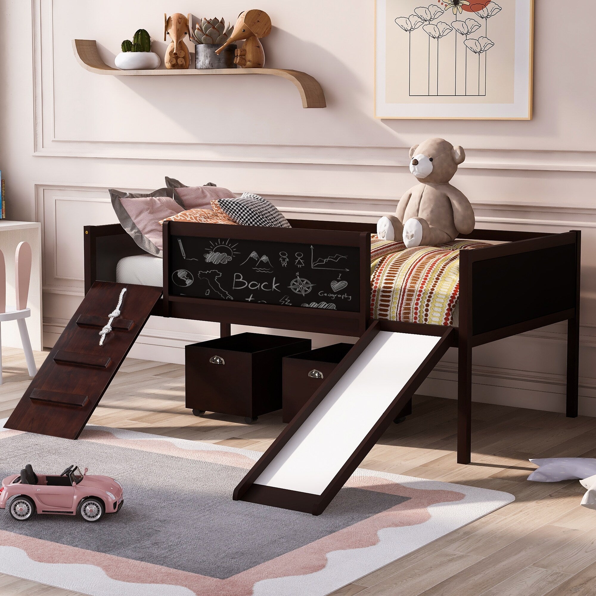 Twin Size Loft Bed Wood Bed With Two Storage Boxes Espresso Old Sku Lp000075Aap