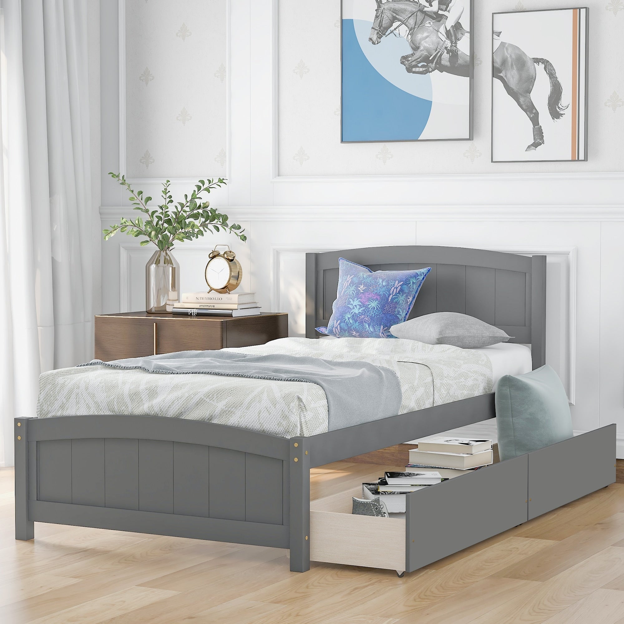 Twin Size Platform Bed With Two Drawers Gray