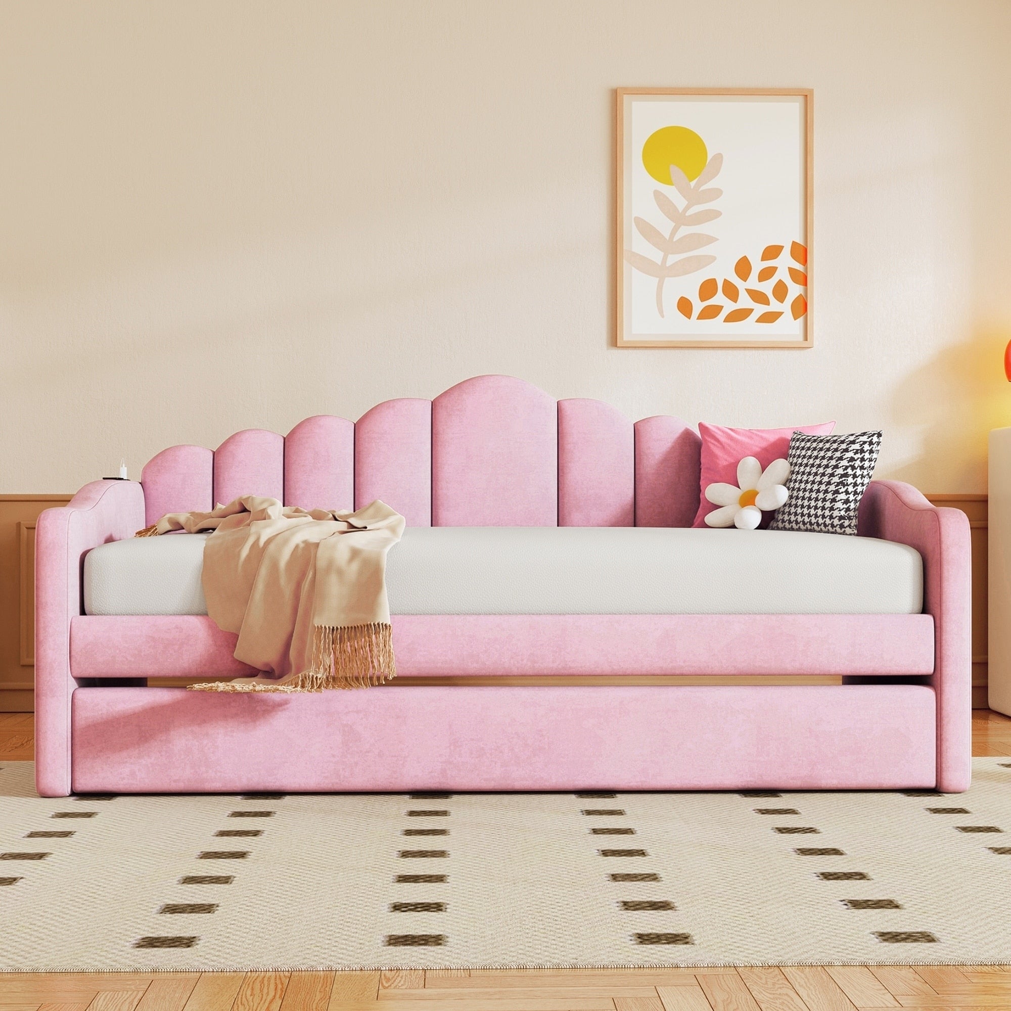 Twin Size Upholstered Daybed With Trundle Velvet Sofabed With Usb Charging Ports No Box Spring Needed