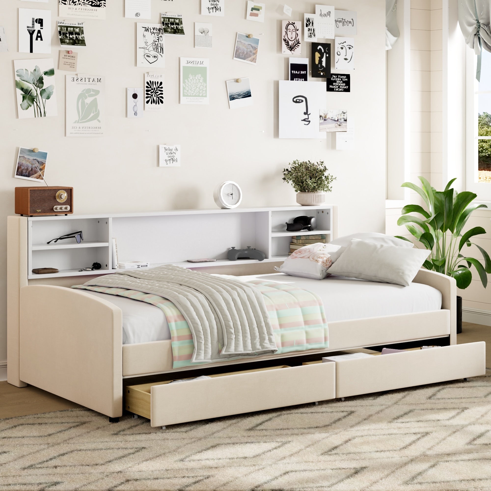 Twin Size Upholstered Platform Bed With Storage And Drawers