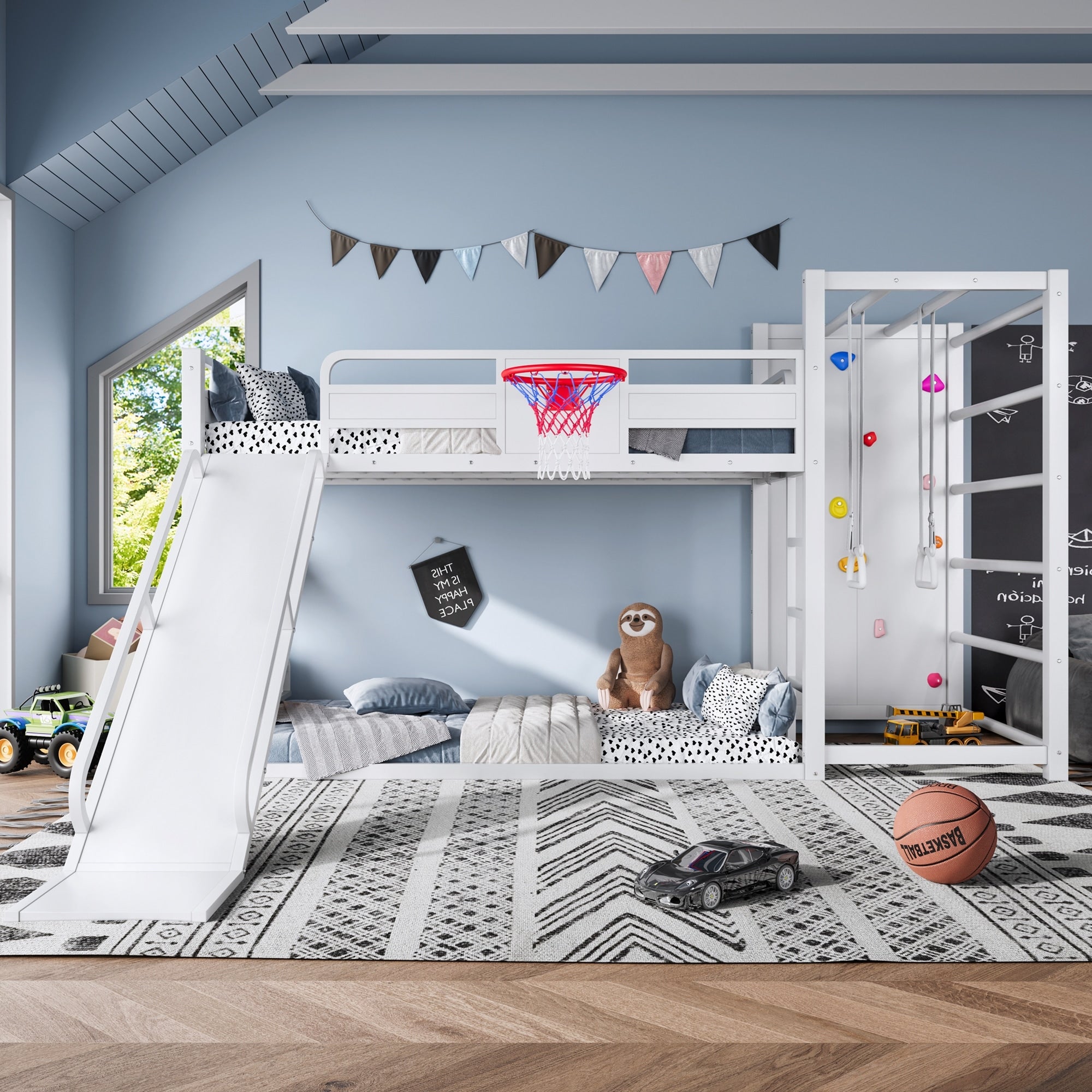 Twin Size Metal Loft Bunk Bed With Basketball Hoop Pull Up Rings Climbing Wall And Built In Bookshelves