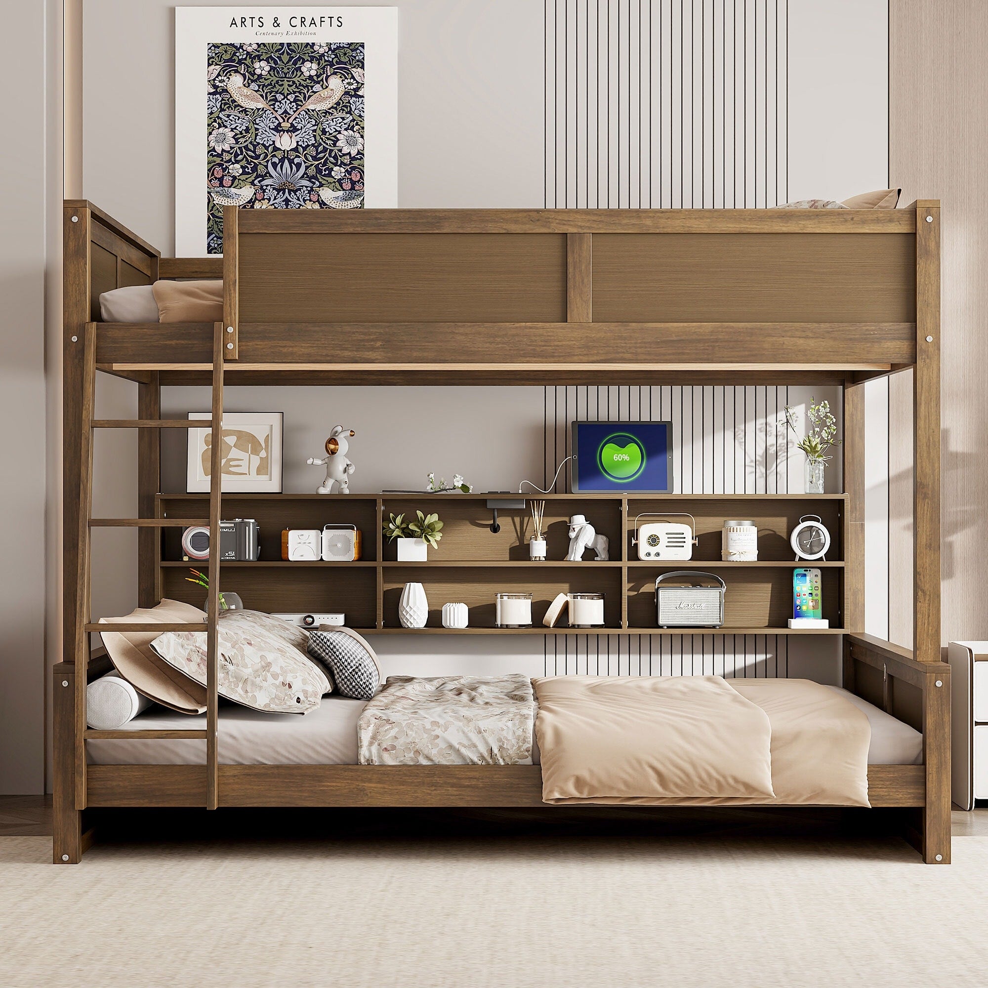 Twin Full Xl Over Queen Bunk Bed With Storage Cabinets And Usb Ports