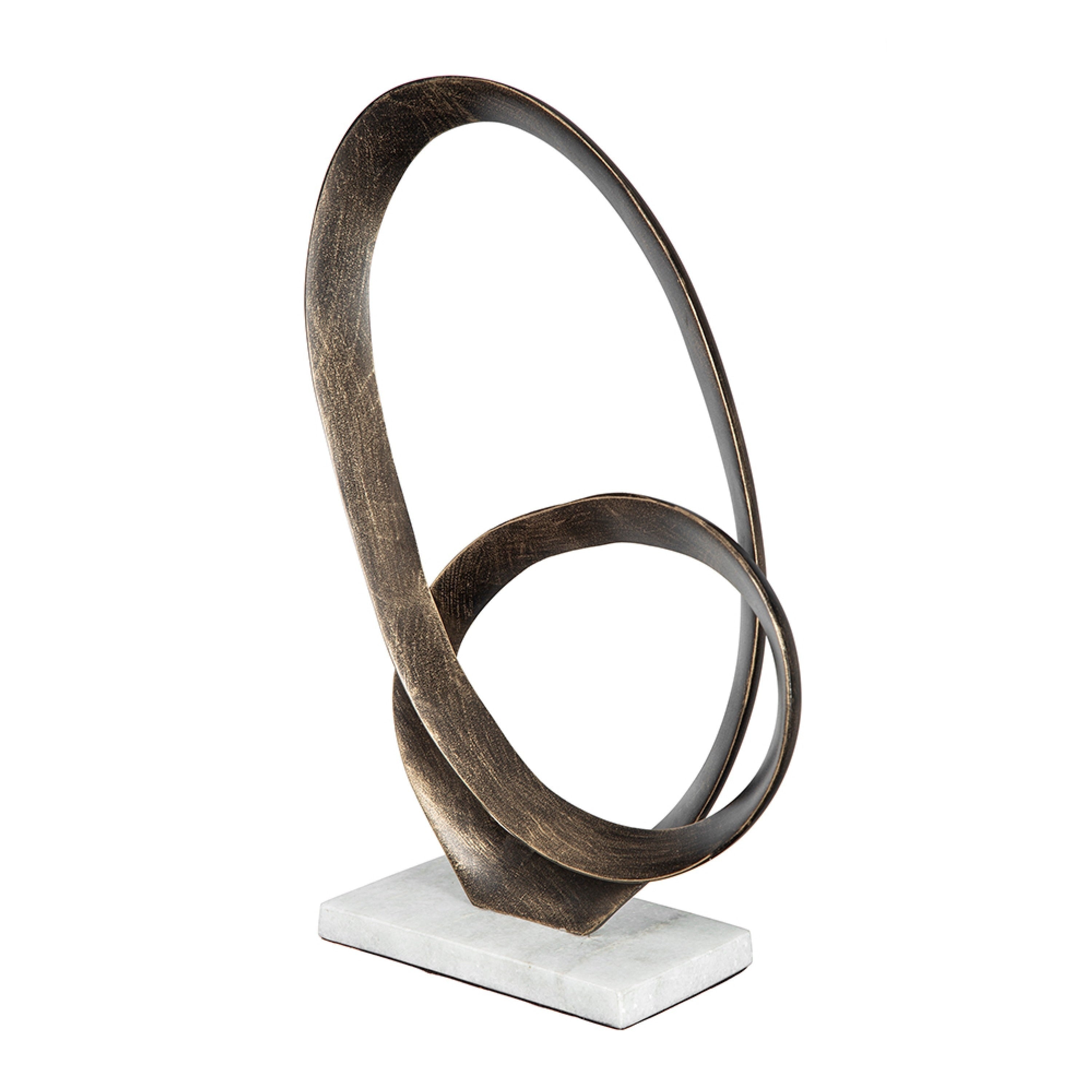 Twined Abstract Ring Sculpture White Marble Base 16 Inch Dark Gold