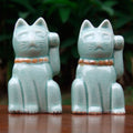 Handmade Two Celadon Ceramic Statuettes Lucky Cats Thailand