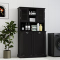 Two Compartment Tilt Out Dirty Laundry Basket Tall Bathroom Cabinet With 2 Adjustable Shelves Black