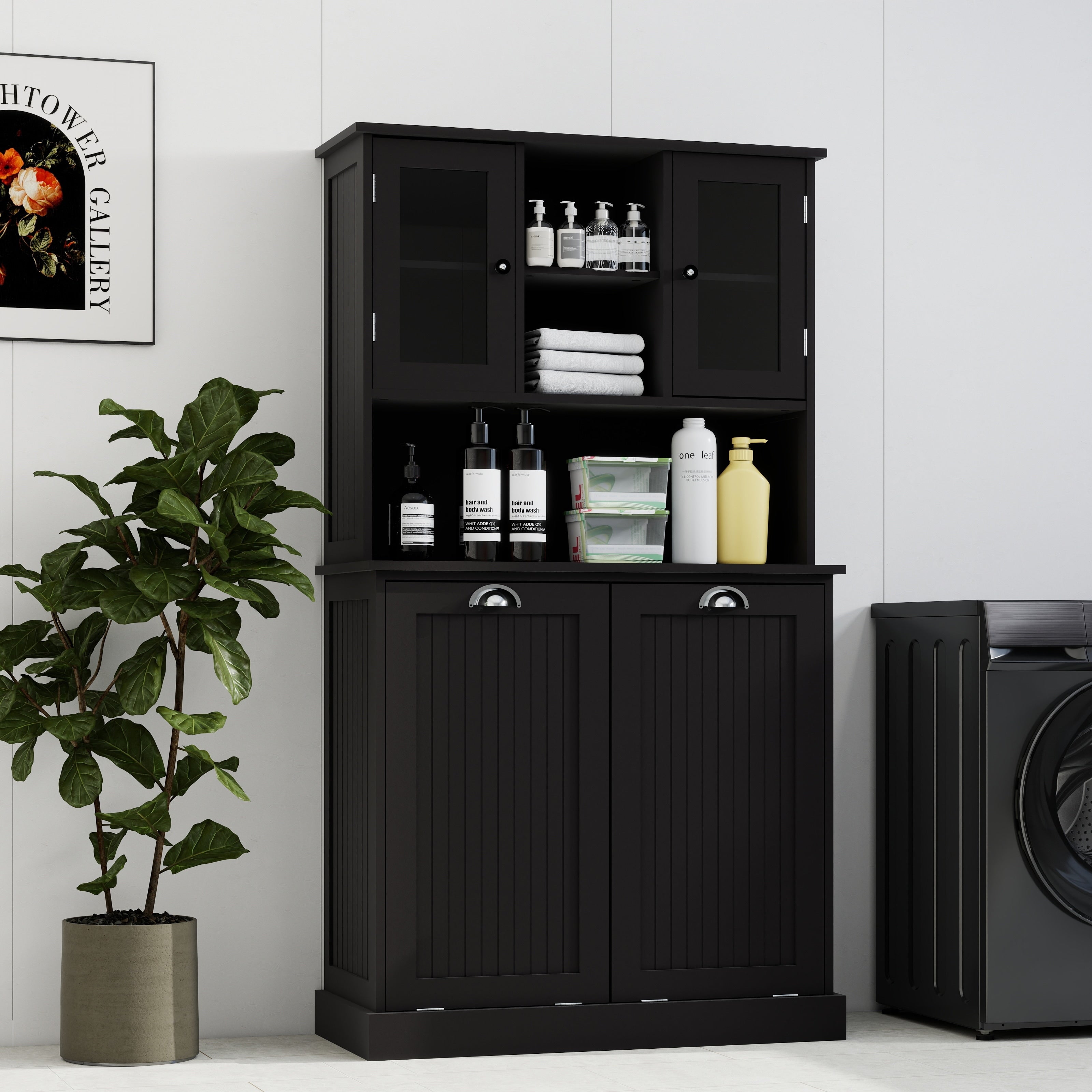 Two Compartment Tilt Out Dirty Laundry Basket Tall Bathroom Cabinet With 2 Adjustable Shelves Black