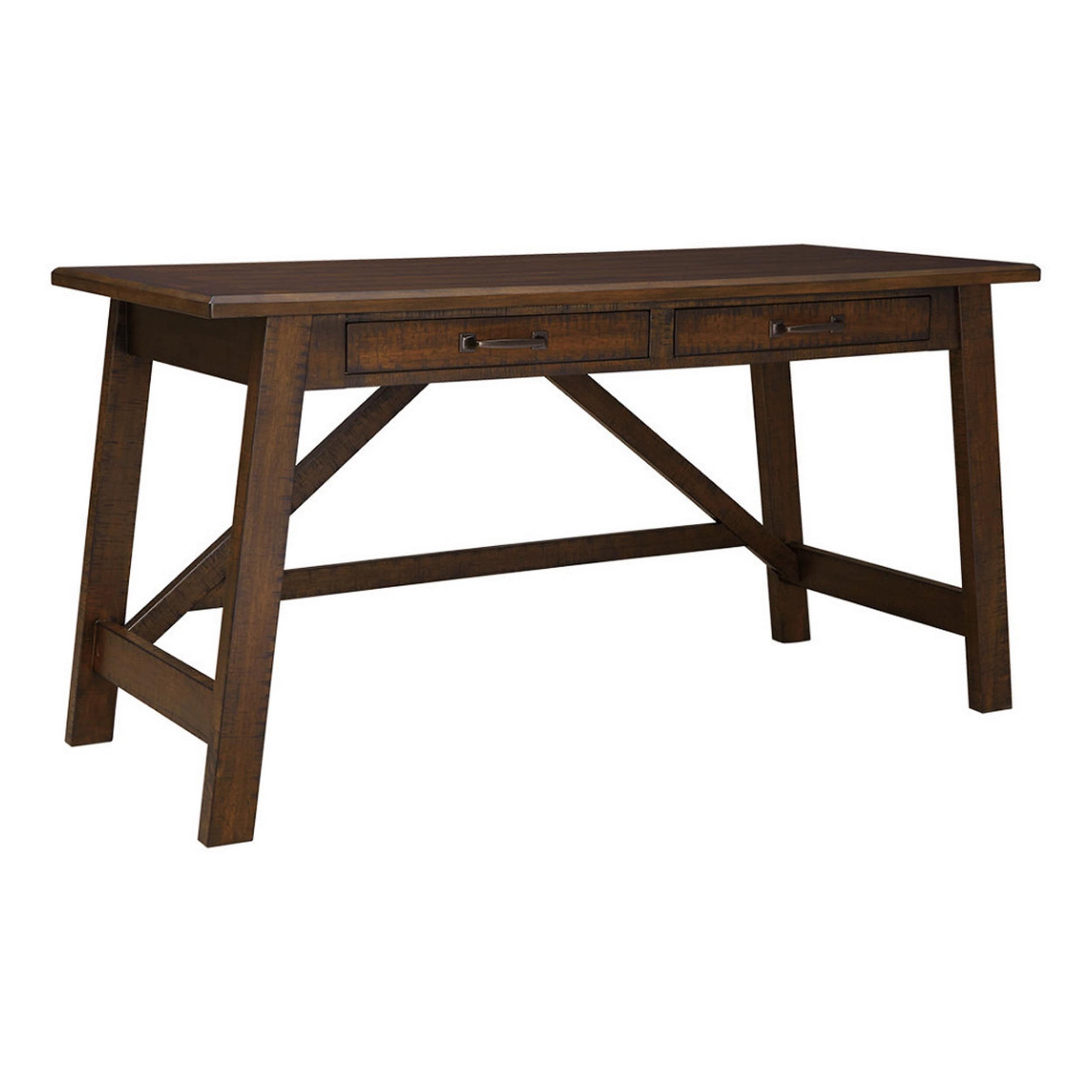 Two Drawers Wooden Desk With Cross Stretcher Brace Design Large Brown