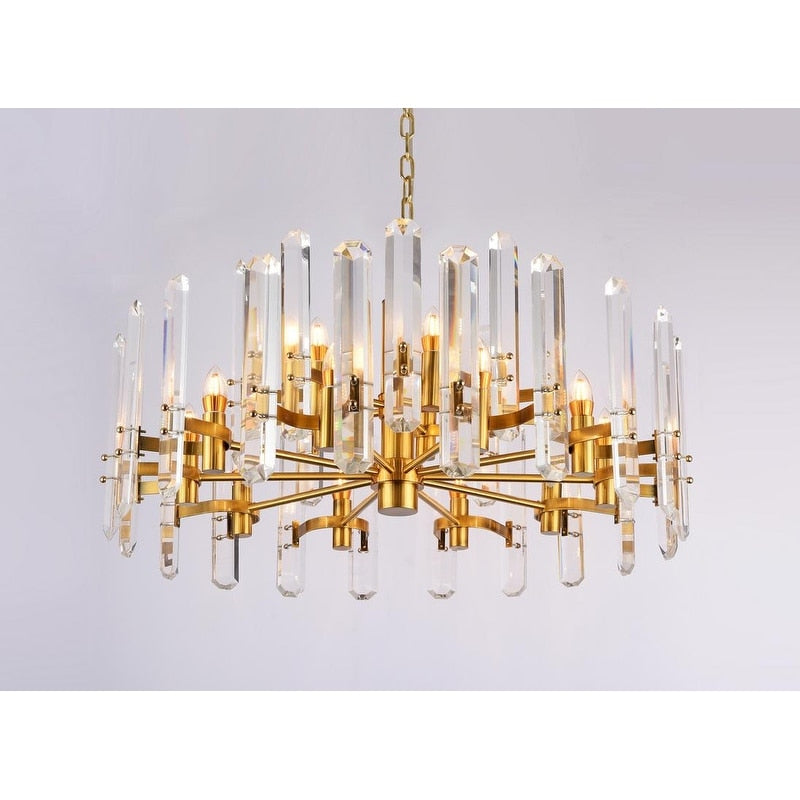 Two Tier Gold Metal Chandelier With Clear Crystal Plaques