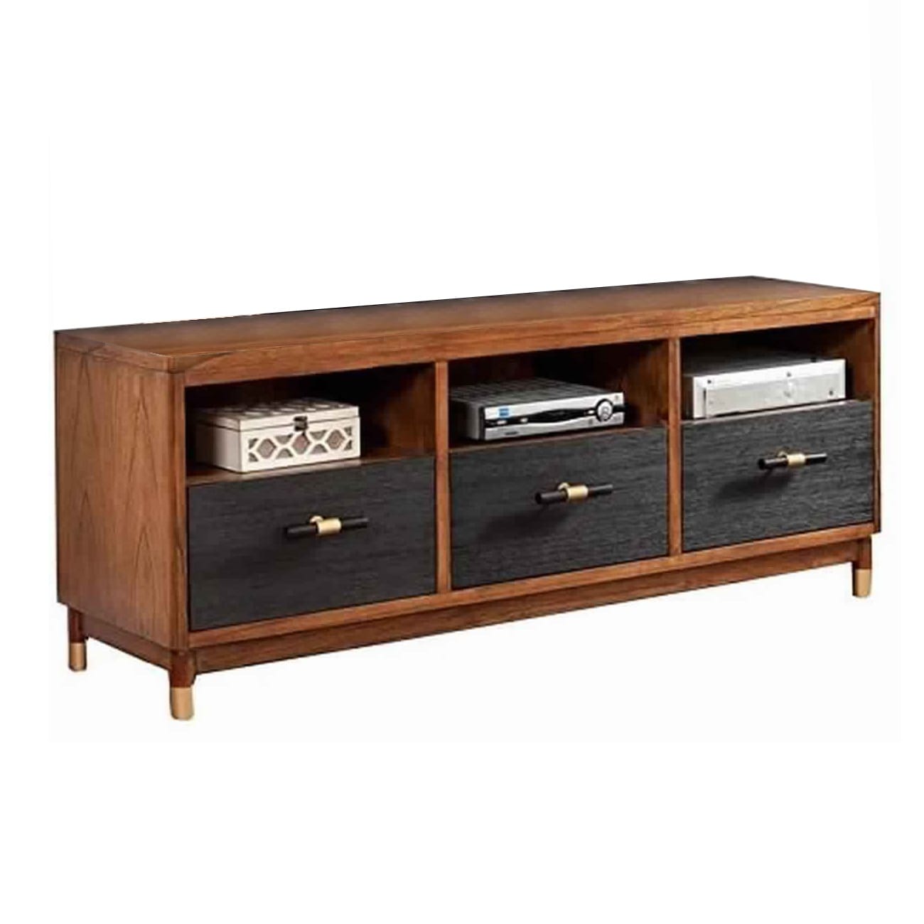 Two Tone 3 Drawer Wood Tv Console With 3 Open Compartments Black And Brown