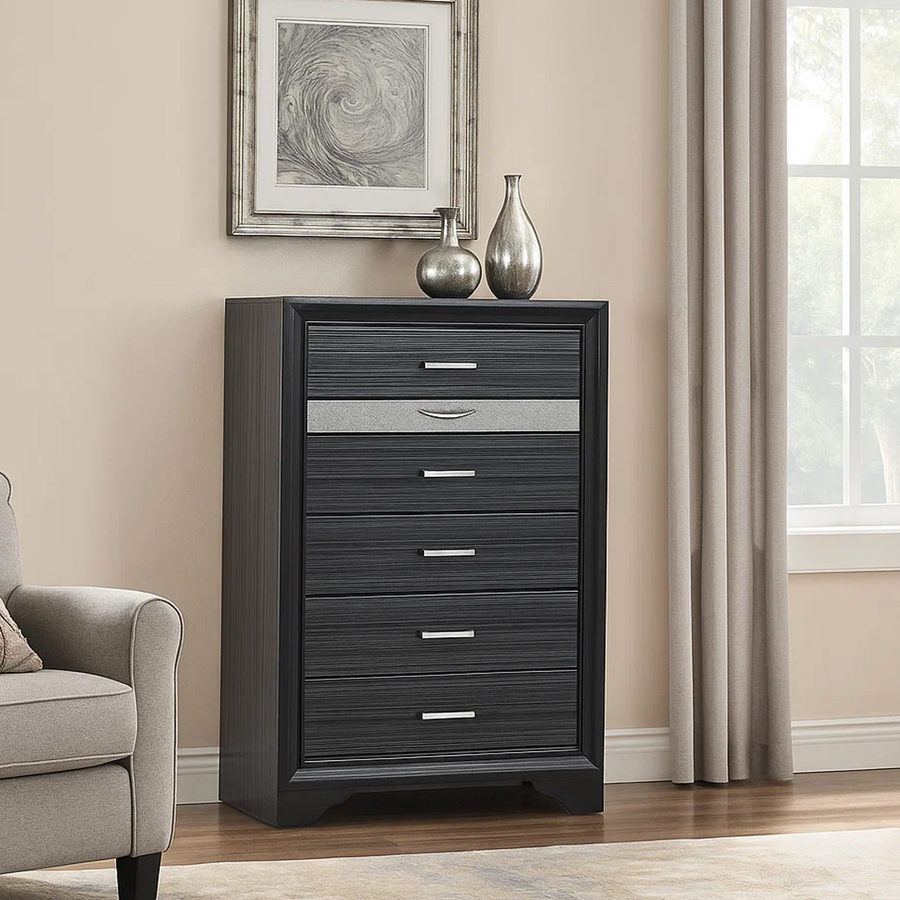Two Tone Wooden Chest With Six Drawers Black And Silver