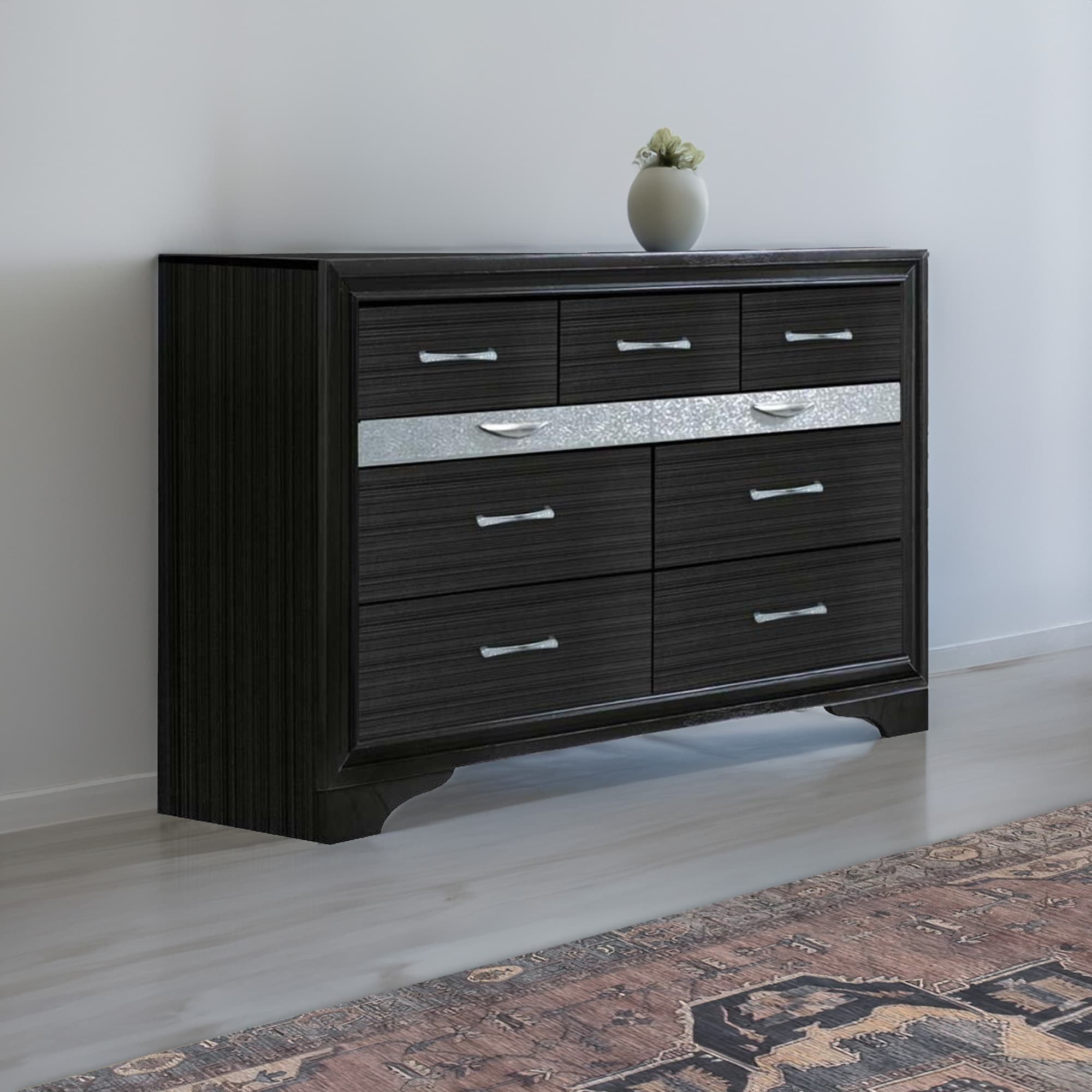 Two Tone Wooden Dresser With Nine Drawers Black And Silver